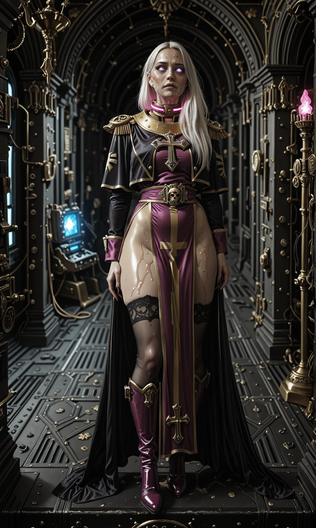 Important (Cassia from game Rogue Trader, 20 year old noble woman, thight high boots, stockings, purple and gold long priest uniform, warhammer 40 000 theme):
Scene (space ship corridor):
Character Face (sad look, sad, sleepless, goth makeup, red glowing eyes):
Character Body (pale skin, oiled ill skin, sweat skin, neon glowing electric collar, wide hips, thin waits, thick thights, extreamly long nails):
Character Hair (white, long straight white hair):
Character Clothes (high heels, black stockings, purple and gold priest uniform, long cut dress, long high boots, high heels):
Character Action (standing, holding golden staf):
View (full body):
Scene light (strong, lighting, emphasizing curves):
Color tones (rich and vibrant colors, warm tones, saturated, contrasted):
Image quality (illustration, photography, 8k, super detail, best quality, 8k, high details, anatomically correct, masterpiece, highres, best quality, award winning, high quality, high details, super detail, erotic art, pin-up, glamour, fine art photography):
