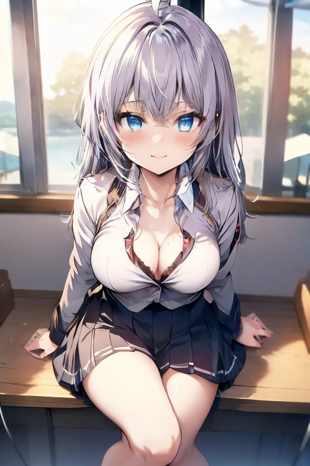 Alisa Mikhailovna Kugo、silver hair、blue eyes、uniform、ahoge、beautiful feet、Girl、At school、 medium size breasts、Girl、 medium size breasts、Bright smile 、It seems that in about 15 years、Bitan Musumi、It is short. It has a prominent chest