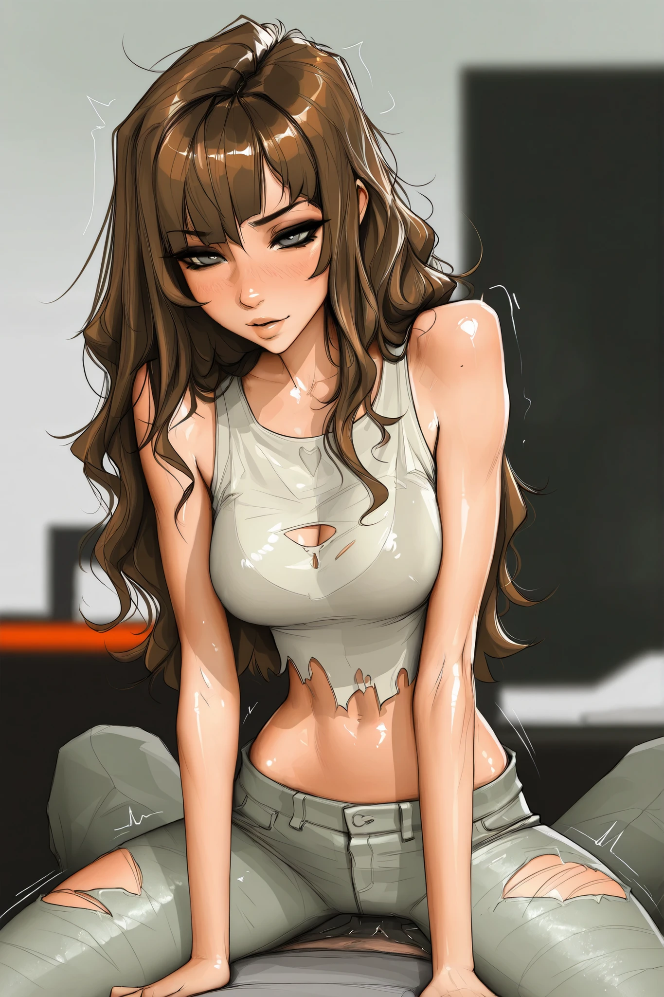 Michelle Trachtenberg, 20 year old woman, 1girl, skinny, short brown hair, gray greenish eyes, eyeliner, , torn up baggy jeans, , sam yang, shirow masamune art style, masterpiece, best quality, very aesthetic, movie quality, depth of field, soft saturation, focused subject, ,official style, shiny skin, closeup, (1 man, )