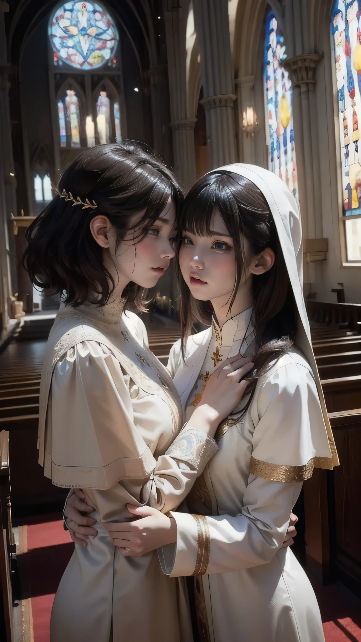 {(watercolor painting:1.2),(renaissance style:1.2)}, {hime cut}, BREAK, { face,(very :1.2),(writhing:1.4),embarrassing,half open eye},{(very  pose:1.2),(arched back:1.2),(arch one's head:1.4)}, {(chains fundoshi:1.4), (wet clothes:1.2)}, BREAK, {(many chains from the ceiling:1.4), (chain :1.3),(chain ), (chain restraint),(wrap limbs with chains:1.8),(chain bind body),(chain in collar:1.2), confinement, }, BREAK, {(2 woman, small breasts, (lick each other, saliva), braid hair intricately)},{dynamic low angle view}, {(dark church glowing stained glass:1.2)}, BREAK,{(glowing tears:1.1),(beautiful eyes),extremely detail hair, (pure white skin:1.1)}