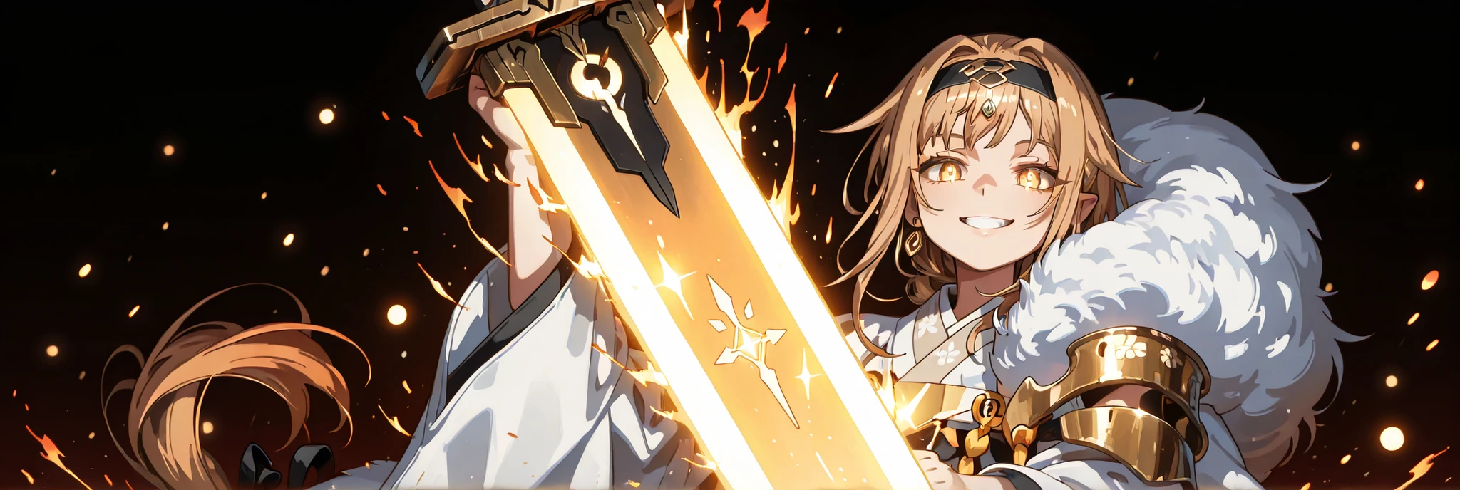 um curto, Lonely male character, A young teenager, cerca de 1.5 metros de altura. He stands alone against a deep black background, making him stand out vividly. Your physique, rosto, and height are just like Lloyd de Saloum.
he has long blond hair, , stylized exactly like that of Alice Zuberg from Sword Art Online, with a braid tied in the middle with a black ribbon before flowing freely. a bold black headband, identical to, rests on his head. His golden eyes shine brightly. Her expression is provocative and confident, marked by a bold, ironic smile. He has pointed ears and a golden monkey tail.
Roupa:
by Sesshoumaru He wears an ornate white Chinese robe. Over his right shoulder is a golden coat flowing cape (como), soft and radiant like a divine cloud, falling almost to the ground on his back. The cover is fastened with gold medals and chains that cross up to his left shoulder. He has a golden pauldron on his left shoulder with the design of an oni rosto.
arma:
in your right hand, he holds a gigantic Japanese sword with a sharp blade and black details on the blade with three black rings attached to the blade. The guard and the golden fist of the big sword are black and there is black energy emanating from the blade.
in your left hand, he holds a golden energy ball with shiny dots, poder irradiante . in your left hand, he holds a golden energy ball with shiny dots, poder irradiante .
Pose e atmosfera:
Ele assume um, dynamic battle position, facing directly at the viewer with a playful and arrogant look. Your left hand evokes a golden sphere of energy filled with bright red sparks, radiant raw power.
Atmosfera e estilo:
male character, energia juvenil.
ultra-detalhado, afiado, estilo anime limpo. Deep black background with cinematic lighting accentuating her short stature and powerful aura. Gold jewel earrings shine in the light.
The character is a boy. The character is male. The character is male.