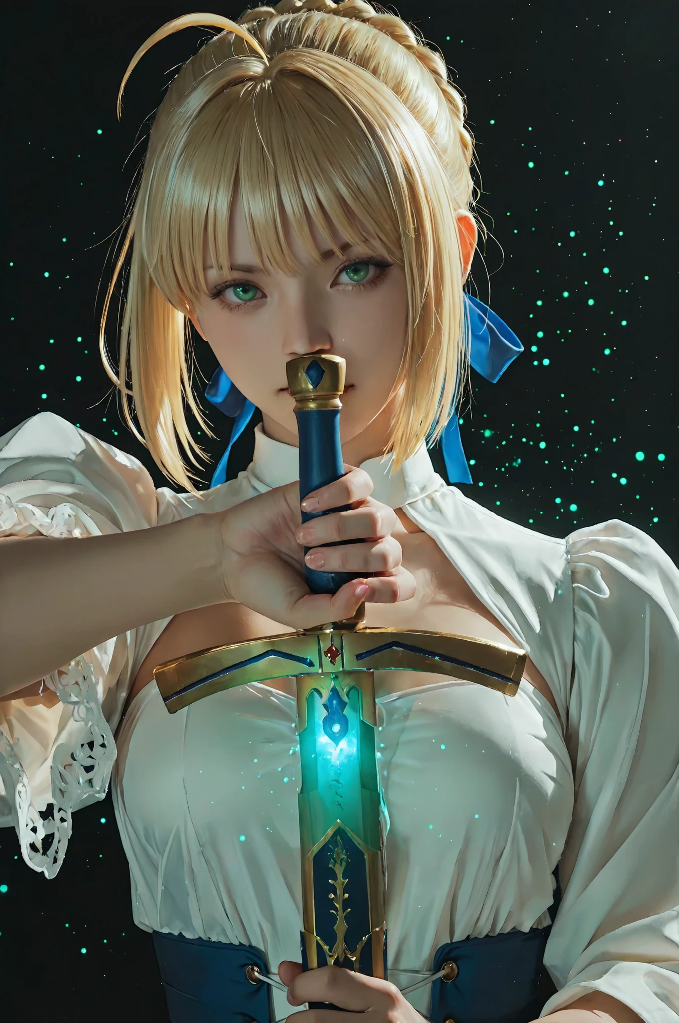 masterpiece, best quality, weapon, holding sword, 1girl, saber, fate_(series), 1girl, blonde_hair, green_eyes, tied hair, SHN journey, neon art, neon colors, glowing, glow effect, bright outlines, vibrant colors, high contrast, dark background, digital art,