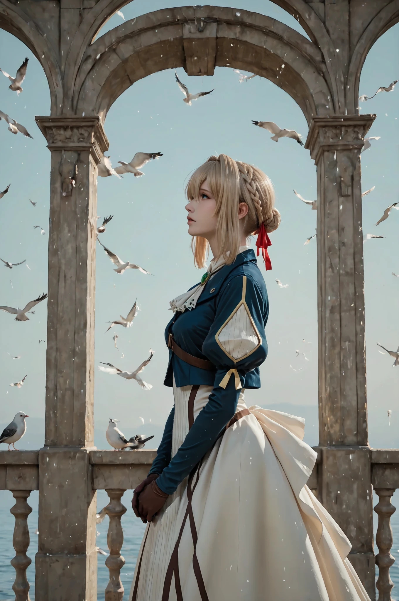 1woman, dynamic pose, small nose, highres, absurdres, 
1girl,violet evergarden,green gemstone,bird,blonde hair,braid,blue jacket,dress,white ascot,solo,ribbon,gloves,red ribbon,jacket,hair ribbon,puffy sleeves,long sleeves,v arms,gem,white dress,ascot,jewelry,hair intakes,juliet sleeves,from side,brooch,profile,hair bun,sky,own hands together,white bird,cropped jacket,brown gloves,looking ahead,french braid,long dress,arch,outdoors,braided bun,short hair,medium hair,hair between eyes,railing,flock,standing,parted lips,blue eyes,closed mouth,evening,sidelocks,blue sky,single hair bun,bolo tie,looking down,holding,envelope,cowboy 
from the side, looking up, in rain, a small stream of water running down over her face, standing in the rain, spinning motion, dynamic pose, high contrast shadowing, fractal, swirly, 
 candid style. high contrast, grain effect prominent throughout image, high contrast lighting creating dramatic shadows, grainy film-like texture