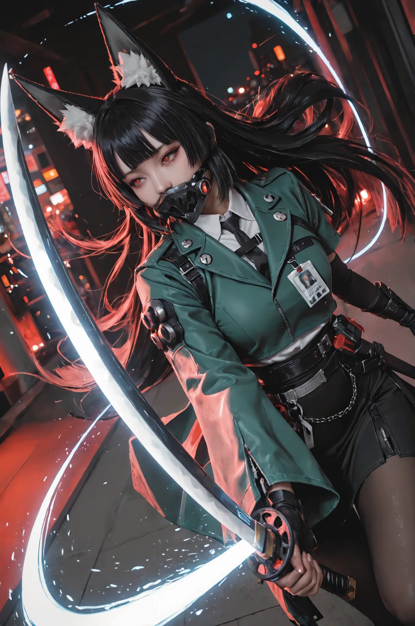 masterpiece, best quality, very aesthetic, newest, (realistic:0.4), usnr, 7481llu, (photorealistic:0.3), (flat color:1.1), lineart,
1girl,miyabi (zenless zone zero), red eyes, white pupils, black hair, very long hair, blunt bangs, fox ears, animal ear fluff, collared shirt, black necktie, single gauntlets, fingerless gloves, asymmetrical sleeve, single wide sleeve, black pantyhose, black skirt, high-waist skirt, asymmetrical sleeve, id card, green jacket, cropped jacket, black footwearsword, katana, glowing, sheath, glowing weapon, holding, slashing, spot color, motion blur, upper body, pinkish red background, blurry, weapon, holding sword, holding weapon, neon sky sword covered mouth, light trail, black gloves, mature female, full bodyur, motion linesr, with detailed textures highlighting their skin and the water's reflective surface
from above, dutch angle,
indoors, night, night city, dark, depth of field, blurry background, backlighting