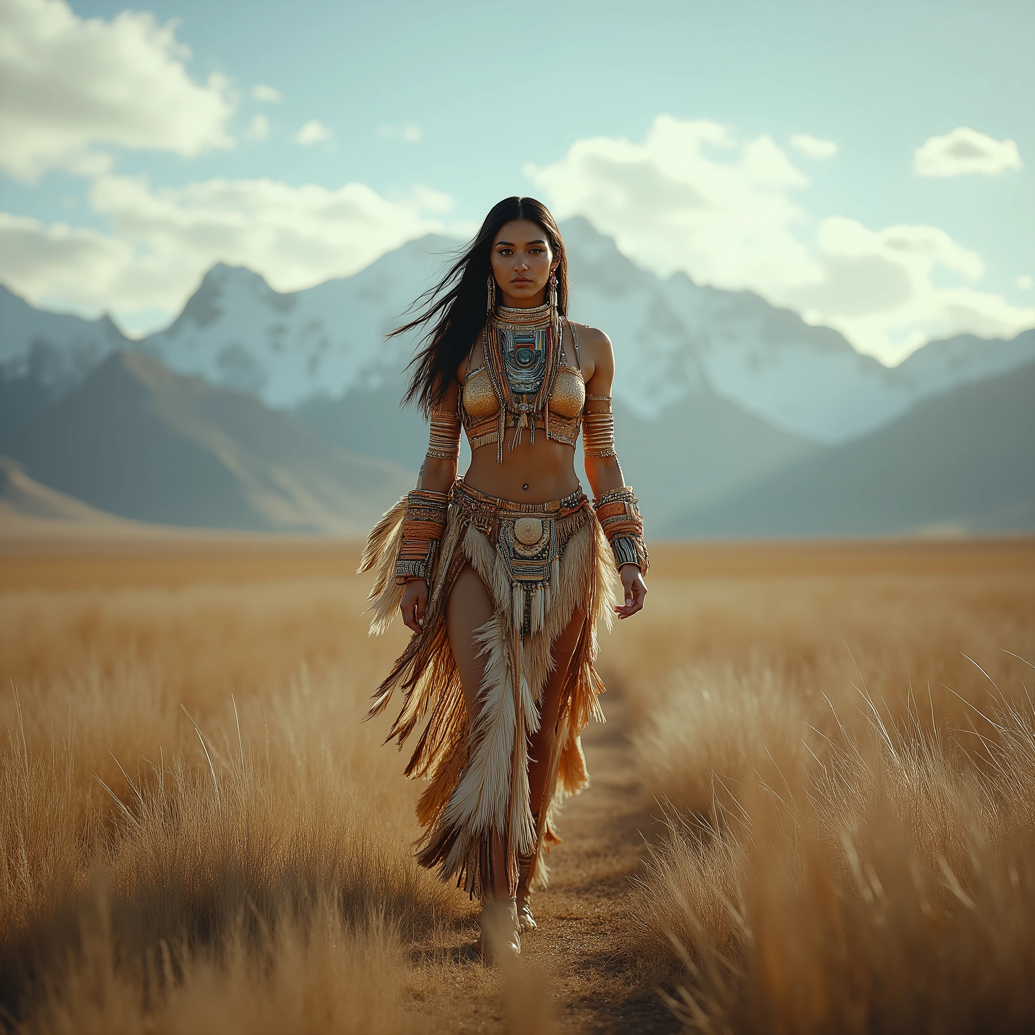 A pretty and busty Native American woman walks with serene grace and a tinge of primal  in the North American prairie among the breezy sky and majestic mountains, full body view, cinematic, depth of filed, RAW 8K HDR, photorealistic masterpiece, perfect details