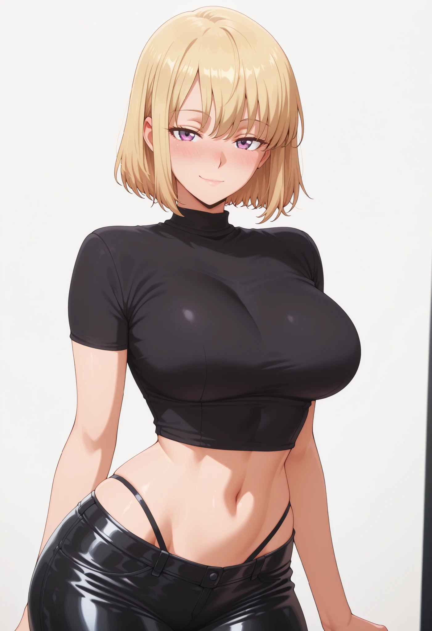 masterpiece, best quality, amazing quality, 1girl, solo, looking at viewer, blushing,, mature girl,side view, light smile, , short hair, blonde hair, purple eyes, , ,bubble ,  twist, exaggerated voluptuous figure with impossibly large and prominent , dramatically slim waist, curvaceous , silky smooth skin with a mystical amethyst glow,,  steady and slightly pushed forward, back straight to focus entirely on the  and lace details), ultra-sensual face with a bold, confident, and mischievous smirk, highly detailed, 4k ultra quality, anime  style,, vibrant and rich colors, hyper-sensual and irresistibly enchanting mood, shizuku kousaka (na honjaman level up), Anime screencap,solo focus, looking at viewer, shiny skin, shiny hair, shiny body, clear body, nose blush,, POSING,, DYNAMIC POSE,,, NICE LEGS, COWBOY SHOT,       ,,  TIGHT CLOTHES, covered , , , thick thighs , soft glossy skin , detailed shading , soft light , realistic anime style , ultra-detailed , 8k , masterpiece , highly detailed ,, , VIEW FROM FRONT , , ,, hourglass figure , large bust and wide  ,, , OPAQUE CLOTHES , covered  ,    ,,white background, empty background,
 ,,. 
,,, DYNAMIC POSE,, covered breasts,,leather pants,leather pants <lora:Leather_Pants:1> black crop top  , groin,,leather pants <lora:Leather_Pants:1> black crop top  , groin,,leather pants <lora:Leather_Pants:1> black crop top  , groin,,leather pants <lora:Leather_Pants:1> black crop top  , groin,