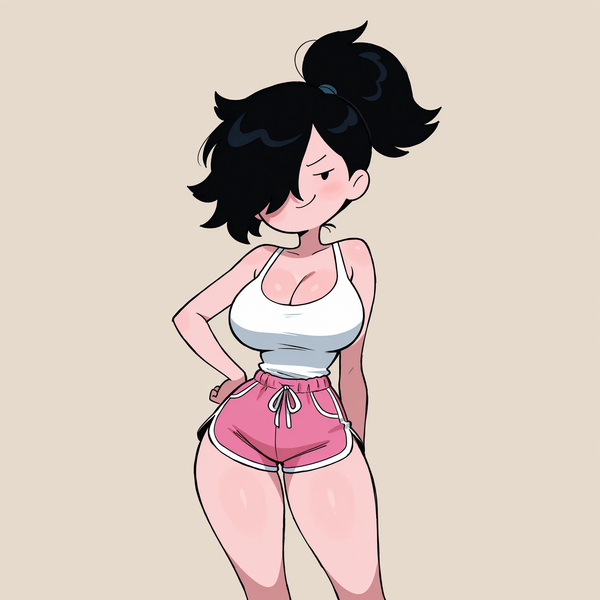 masterpiece, ultra-HD, impressionism, high detail, best quality, very aesthetic, 8K, best quality, beautiful, ultra-high resolution, 32K UHD, adventure time, 1girl, solo, short messy black hair, ponytail, hair over one eye, dot eyes, eyelashes, big breasts, narrow waist, wide hips, thick thighs, shapely legs, slim, white tank top, cleavage, pink shorts, blushed, smirk, smug, cute, hand on hips, standing, looking at viewer, simple background, from the front view