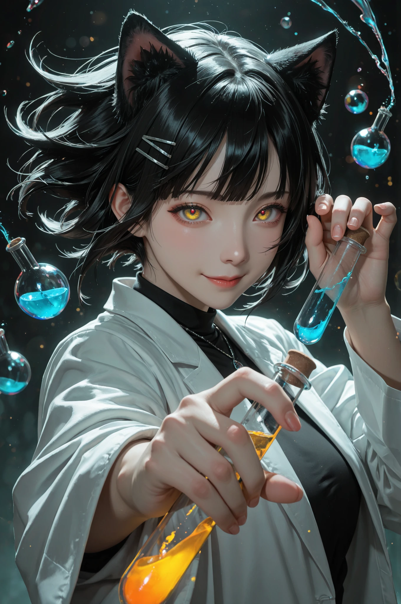 ,1girl, u u zan, Masterpiece, amazing quality, 8k, ultra detailed, refined details, high resolution, HD, masterwork, digital illustration, 7481llu, LDSCH, solo, dynamic pose, dynamic angle, crisp outlines, vibrant colors, soft shading, bright lighting, (cat ears:1.3), (Mika Pikazo:0.9), cinematic position, looking at viewer, smile, hairclip, hair ornament, yellow eyes, black hair, lab coat, holding, blurry, test tube, flask, foreshortening, short hair, closed mouth, long sleeves, jewelry, abstract liquid, glowing, bloom, surreal, artistic, ultra-detailed, high contrast, backlighting, bokeh, volumetric lighting, depth of field, holding test tube, animal ear, animal ear fluff, white coat, floating hair, blunt bang, light particles, hand up, animal ears, wide sleeves, necklace, outstretched arm, from side, red pupils, coat, upper body, glitch, cat girl, erlenmeyer flask, absurdres, best quality, newest, very aesthetic, very aesthetic