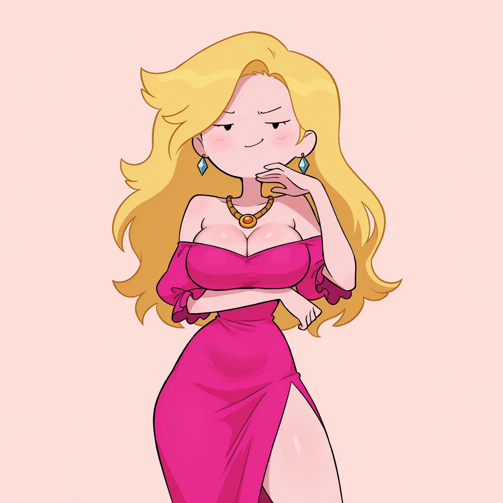 masterpiece, ultra-HD, impressionism, high detail, best quality, very aesthetic, 8K, best quality, beautiful, ultra-high resolution, 32K UHD, adventure time, 1girl, solo, long wavy blonde hair, dot eyes, eyelashes, big breasts, narrow waist, wide hips, thick thighs, shapely legs, slim, pink evening dress, side slit, cleavage, off-shoulder, earrings, necklace, blushed, smirk, smug, cute, ojou-sama pose, standing, looking at viewer, simple background, from the front view