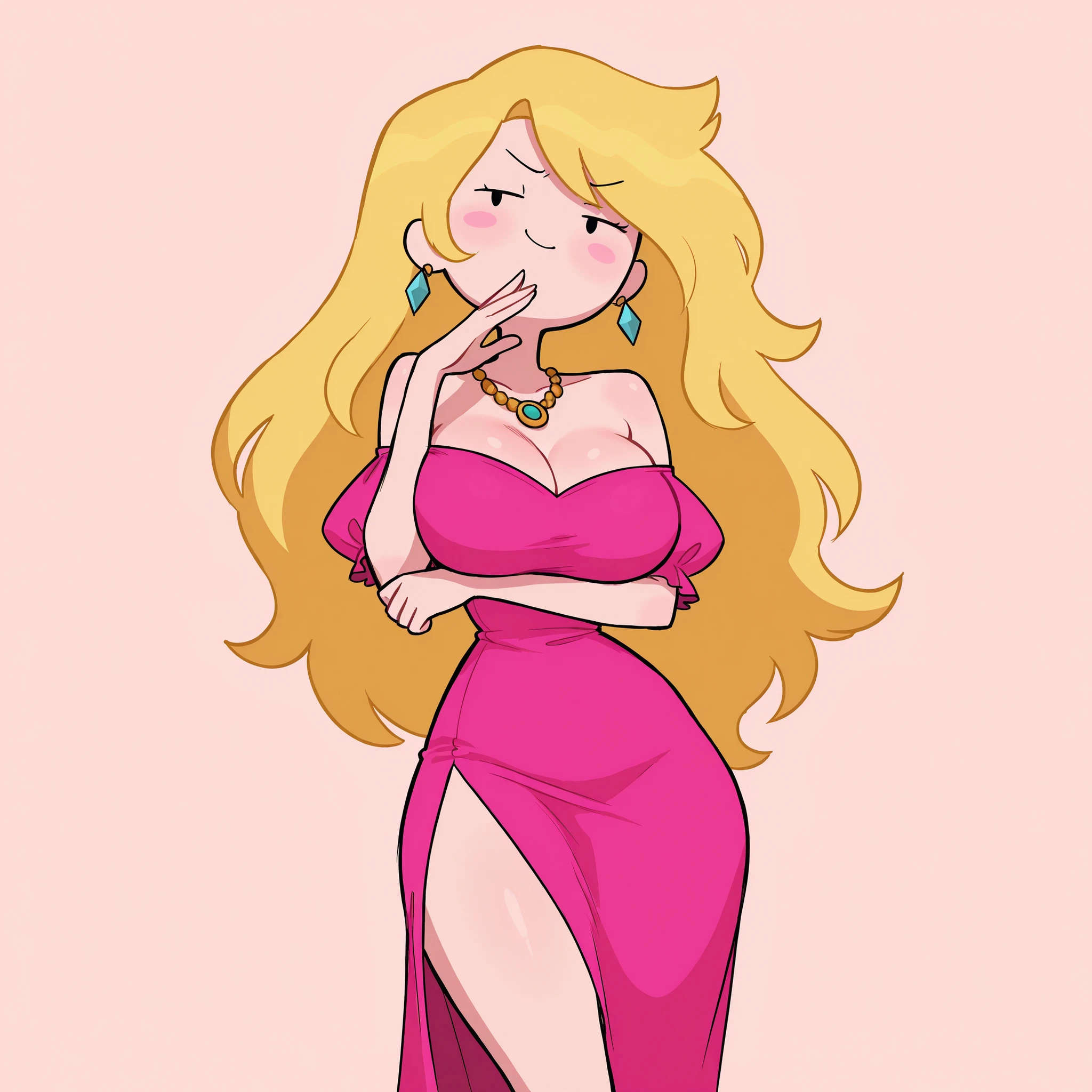masterpiece, ultra-HD, impressionism, high detail, best quality, very aesthetic, 8K, best quality, beautiful, ultra-high resolution, 32K UHD, adventure time, 1girl, solo, long wavy blonde hair, dot eyes, eyelashes, big breasts, narrow waist, wide hips, thick thighs, shapely legs, slim, pink evening dress, side slit, cleavage, off-shoulder, earrings, necklace, blushed, smirk, smug, cute, ojou-sama pose, standing, looking at viewer, simple background, from the front view