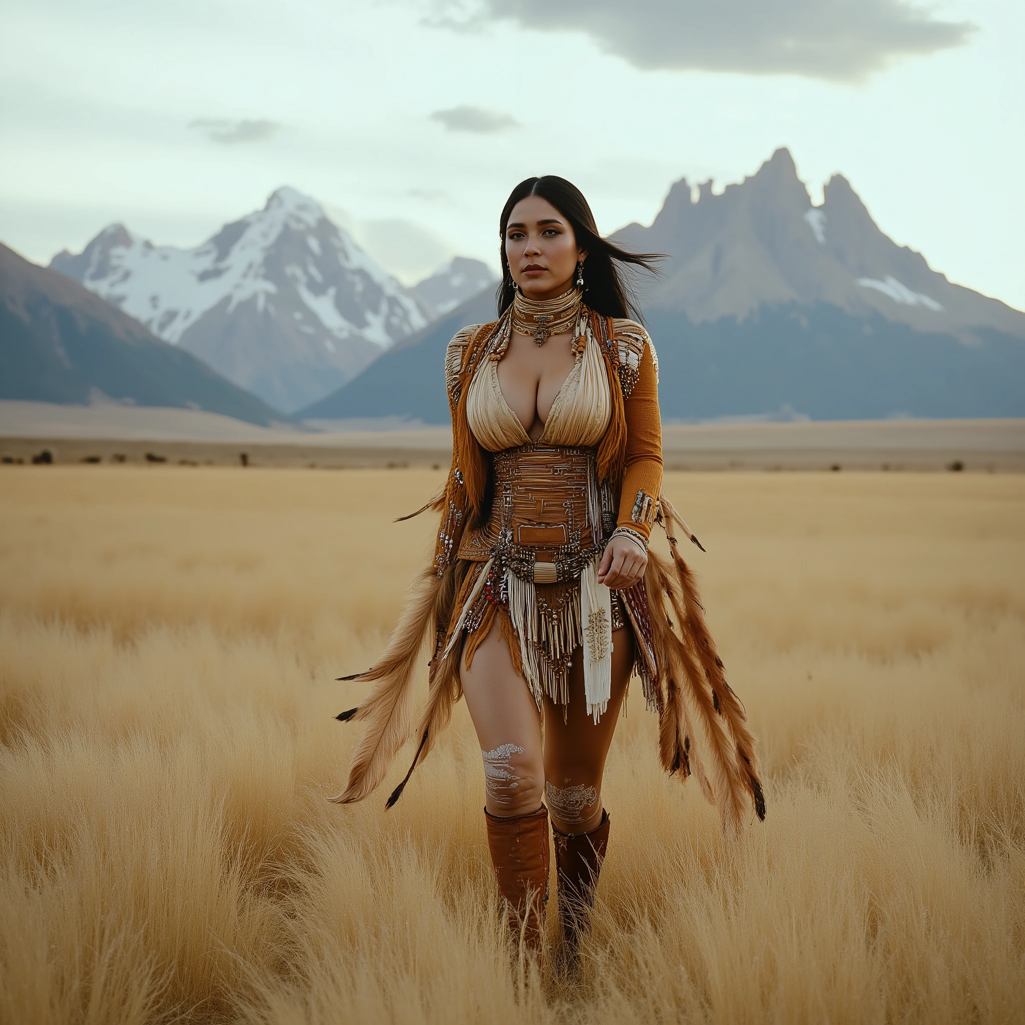 A pretty and busty Native American woman walks with serene grace and a tinge of primal in the North American prairie among the breezy sky and majestic mountains, full body view, cinematic, depth of filed, RAW 8K HDR, photorealistic masterpiece, perfect details