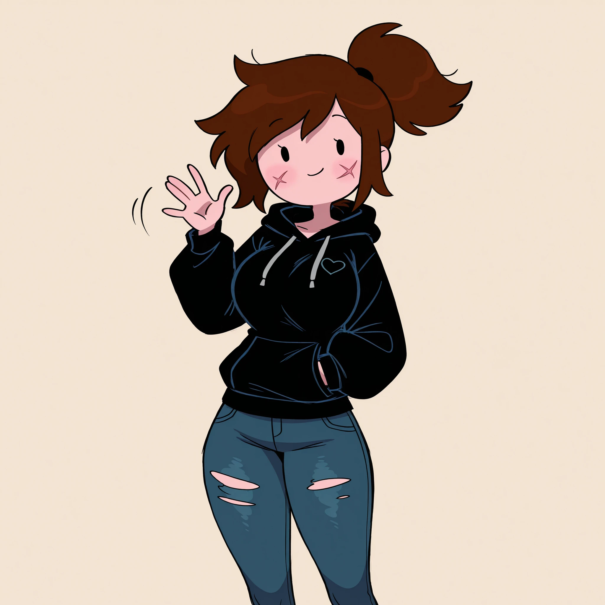 masterpiece, ultra-HD, impressionism, high detail, best quality, very aesthetic, 8K, best quality, beautiful, ultra-high resolution, 32K UHD, adventure time, 1girl, solo, short messy brown hair, ponytail, dot eyes, eyelashes, scars, big breasts, narrow waist, wide hips, thick thighs, shapely legs, slim, black hoodie, blue skinny jeans, blushed, smile, cute, hand on pockets, waving hand, standing, looking at viewer, simple background, from the front view