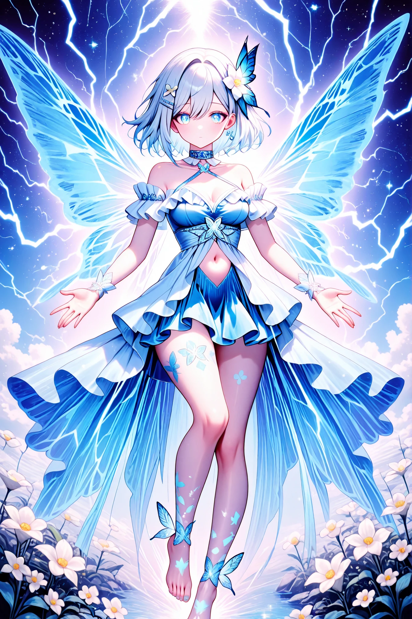 sexy off-the-shoulder dress, white and blue dress style may, bare shoulders, butterfly hair ornament, crisscross halter,blue wings, butterfly wings, thunder wings, fairy thunder wings, may style skirt, blue and white clothes, ruffled top, sensual dress, hair flower, white flower, hair clip, halter neckline, leg tattoo, collar highlight, belly button,made of blue and white lightning thunder trails ,lthndrtrl,Beautiful girl, fairy, detailed wings, wings with lightning aspects, long bluish-white hair, vibrant blue eyes, well-detailed hands, well-drawn hands, detailed feet, well-drawn feet, beauty with cuteness and a touch of sensuality