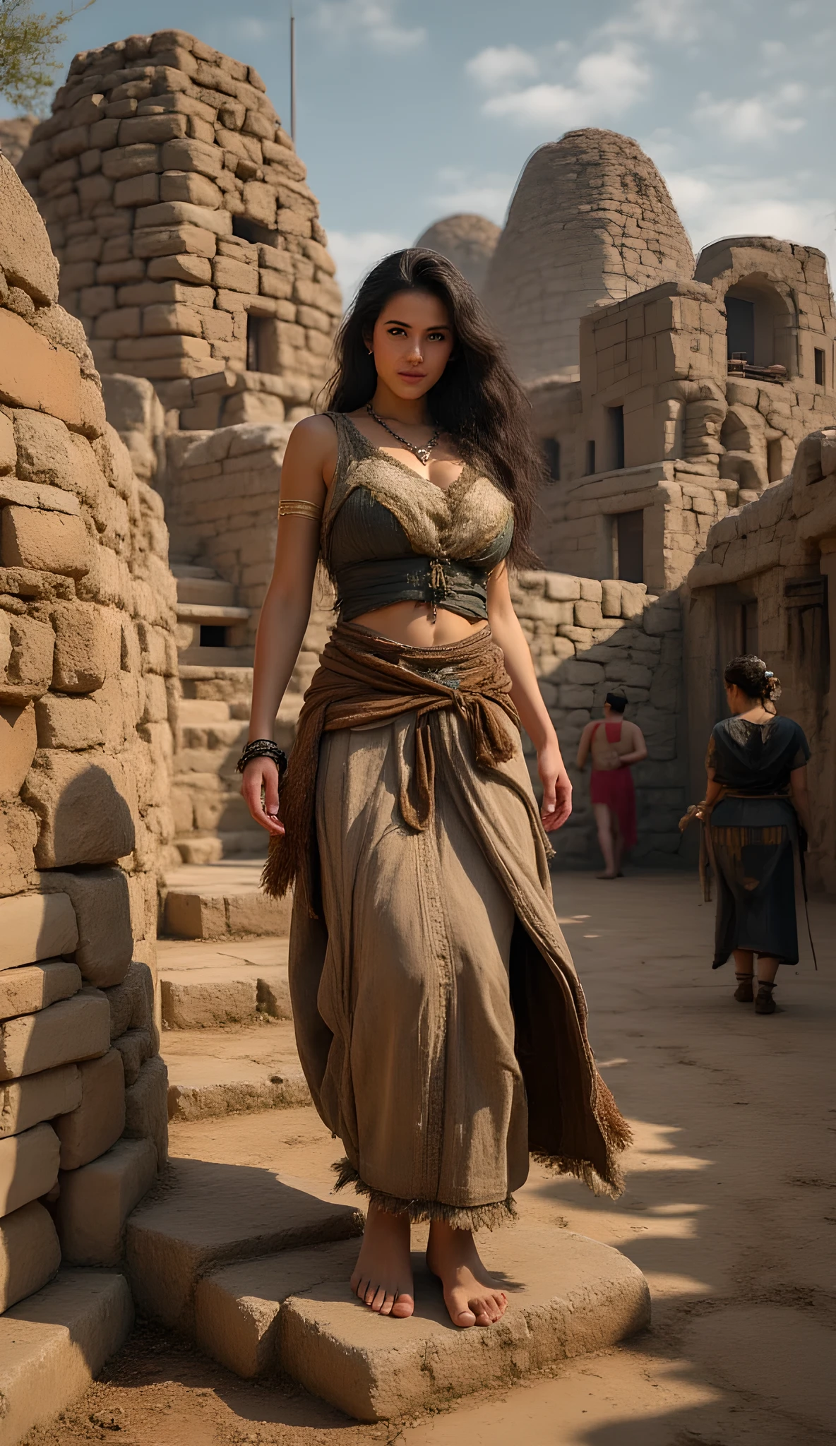 Ancient prehistoric age era,
(Stone civilization age era:1.6), ((Realistic cinematography ultra-wide depth intense details of realistically packed and in between stacked of primitive mud brick on roof town)),step ladders,a detailed of primitive primordial female turk,stepping down on the mud brick ladders,(mud brick buildings),(tribe farmers guild),((livelihood)),wearing fully, long fur primitively fabric long tunic robe dress,,,(perfectly depth symmetrically curvy busty body shapely),(cinematic dynamically camera widely angle scenery:accurately depicted:1.3),the lively prehistoric cradle of history depicting scenery,dawn,realistically full depth,(cinematography dynamic angle|hyperrealistic:realistic scenery:3d texture over the scenery),best videography angle,hdr,blue hour, (cinematography vibe),primitive wardrobe,(dynamic image composition),(octane 3d rendering|50mm lens shot:1.3),(lifelike skin texture:lifelike hairs:realism),(best rule of third photography composition),(best image aperture),(full details depth of field),(best shutter speed),(RAW photo image),(photorealistic|photorealism:hyperrealism style),(realistic depth 3d:cgi:1.3),(trending on cgsociety:devianart:unreal engine 5),,(best photography:national Geographic style), stonePunkAi and bronzePunkAi artwork, digital art,best lighting concept,(realistic intricately fixed truly fully human's anatomy body+hands+and+fingers anatomical),natural motion,inspired by farcry5 game artwork.
Capture in ultra-wide cinematography the stunning details of a crowded village filled with primitive mud brick houses, intricately packed and stacked against the backdrop of a vibrant sky. Focus on a group of primordial Turks moving through their environment—observe their daily lives as they engage in various activities as farmers and members of tribal guilds. Highlight the richness of their livelihood, the textures of the mud bricks, the colors of their clothing, and the interactions within their community.