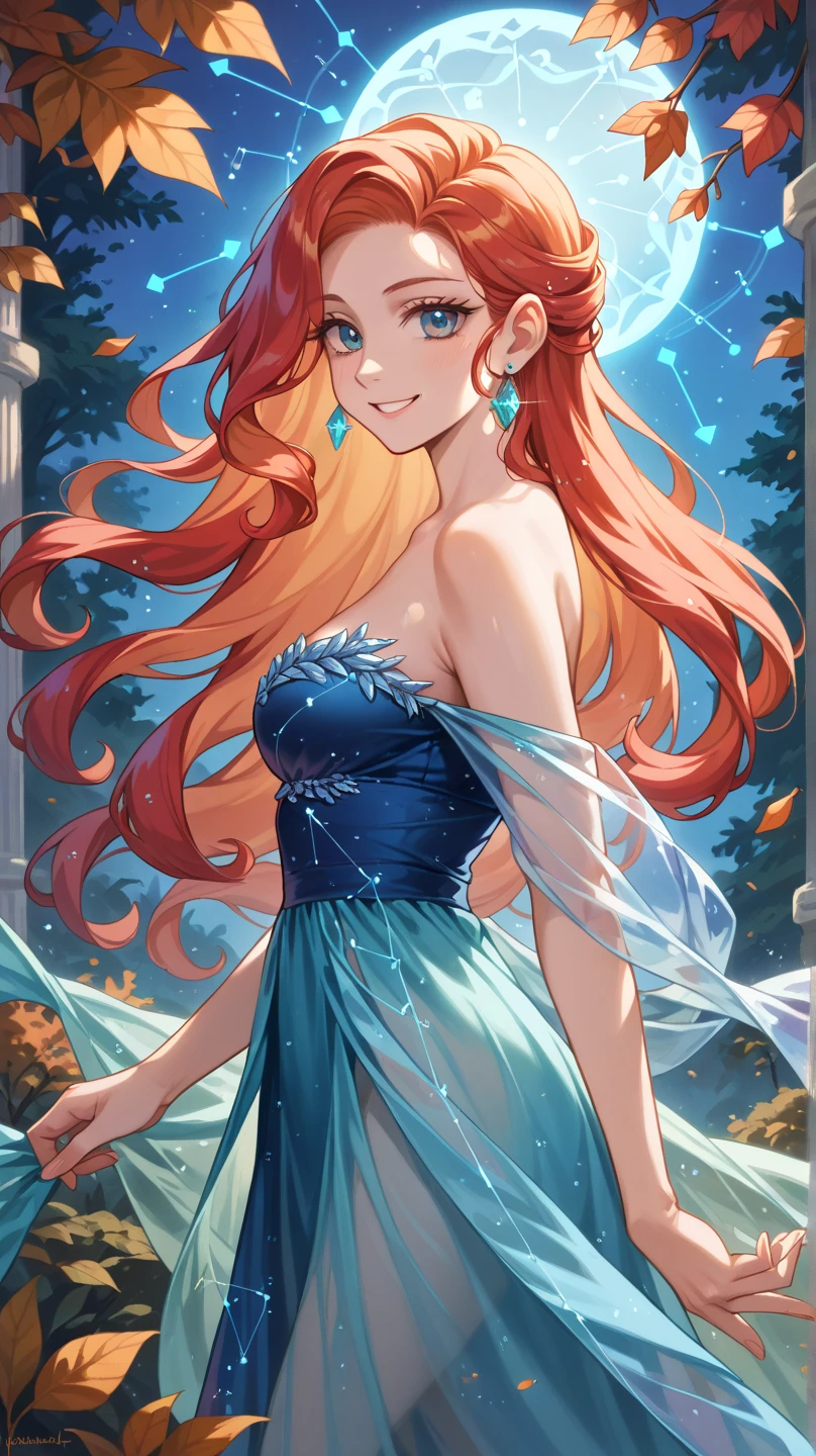 masterpiece, best quality, ultra-detailed, Bloom, , mature face, tall, thick, orange hair, blue eyes, bangs, long hair, fairy outfit, blue , sleeveless, blue skirt, sparkling clothing, fairy wings, tiara, standing, smile, in the forest, cowboy shot, realistic, volumetric lighting, intricate details, tonemapping, sharp focus, hyper detailed, Hot cleavage, Big breasts, 