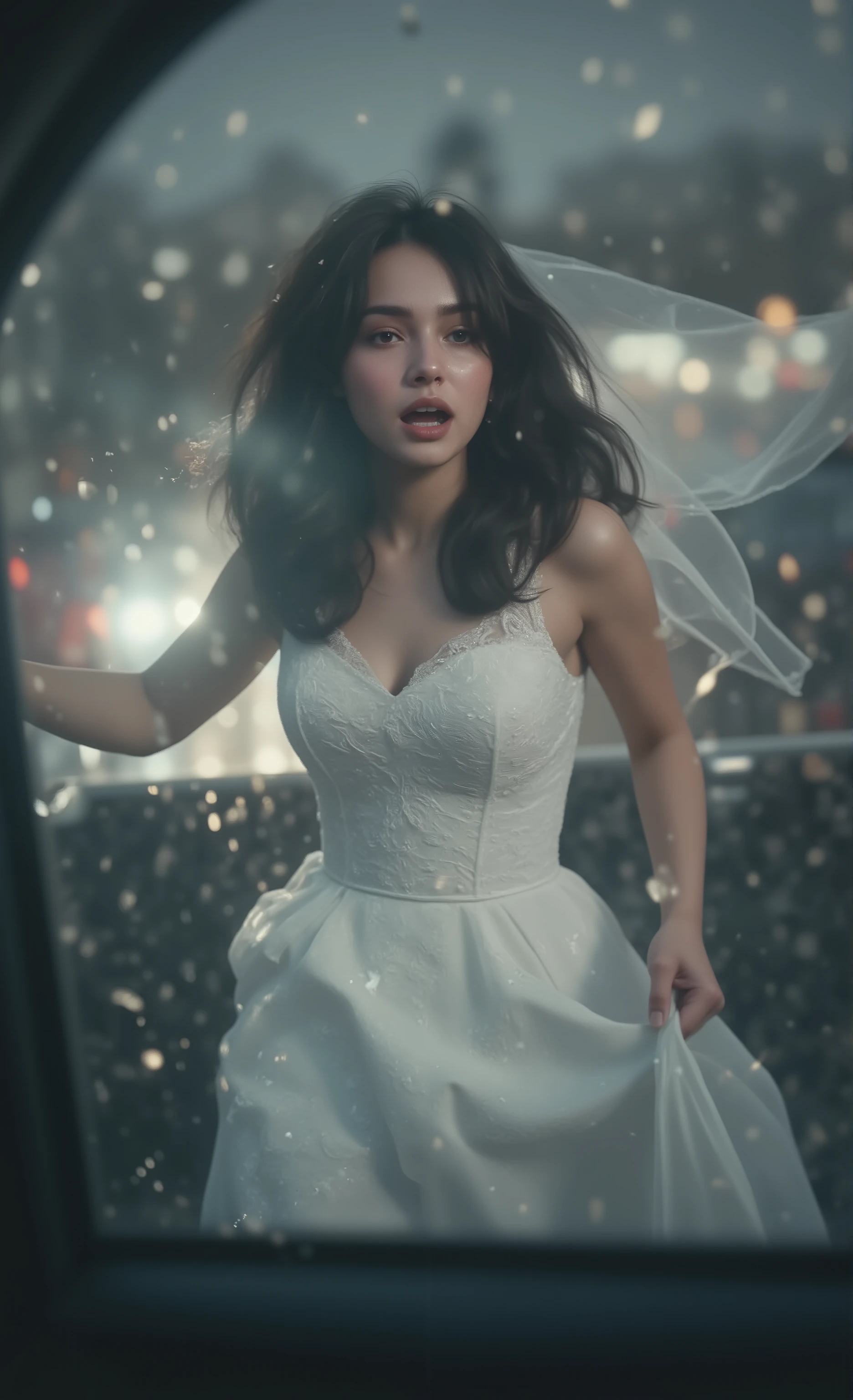 a view from inside the car, through the window, car-door interior details visible in foreground, a crying woman in wedding dress running, sprinting across a parking lot toward viewer's car, she has long black hair swayed, open mouth in silent scream, crying, asking for help, her hand extended to viewer, crying eyes looking at viewer, tears flowing freely, gathering her ornate skirt with trembling hand, veil trailing behind her, breathing heavily, moody color palette of grays and deep blues, raindrops on glass creating bokeh effect on bridal silhouette, angie