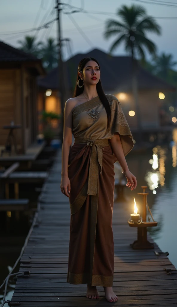 
flowers,sunset,in dark,dark theme, masterpiece,official art,best quality,ray tracing,volumetric light,realistic,photorealistic,ultra highres,vivid, woman , sarong, close up,Thai sarong