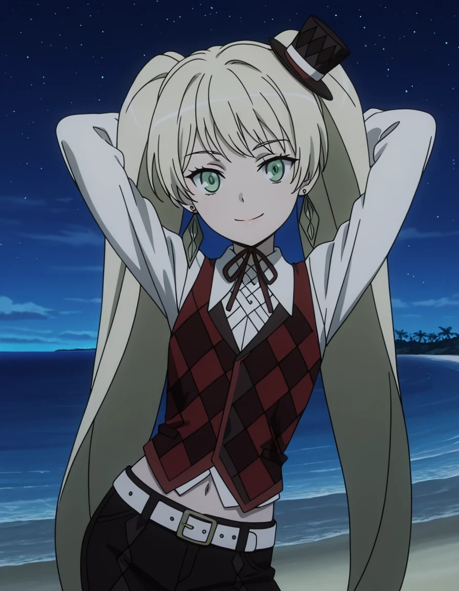 ladylee tangleroad, long hair, blonde hair, twintails, green eyes, anime screencap, hat, navel, jewelry, earrings, vest, mini hat, top hat, belt, shirt, long sleeves, ribbon, white shirt, collared shirt, pants, neck ribbon, checkered clothes, high quality, closed mouth, solo, cowboy shot, night sky, beach, hands behind head, ((contrapposto)), smile, looking at viewer, best quality