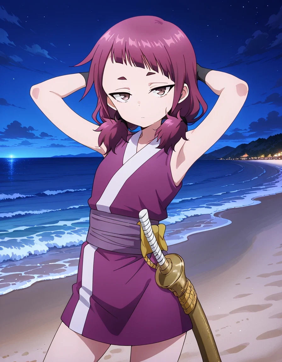 shakuyaku, sleeveless, japanese clothes, hightighs, fingerless gloves, high quality, solo, night sky, beach, hands behind head, ((contrapposto)), closed mouth, cowboy shot, looking at viewer, expressionless, best quality