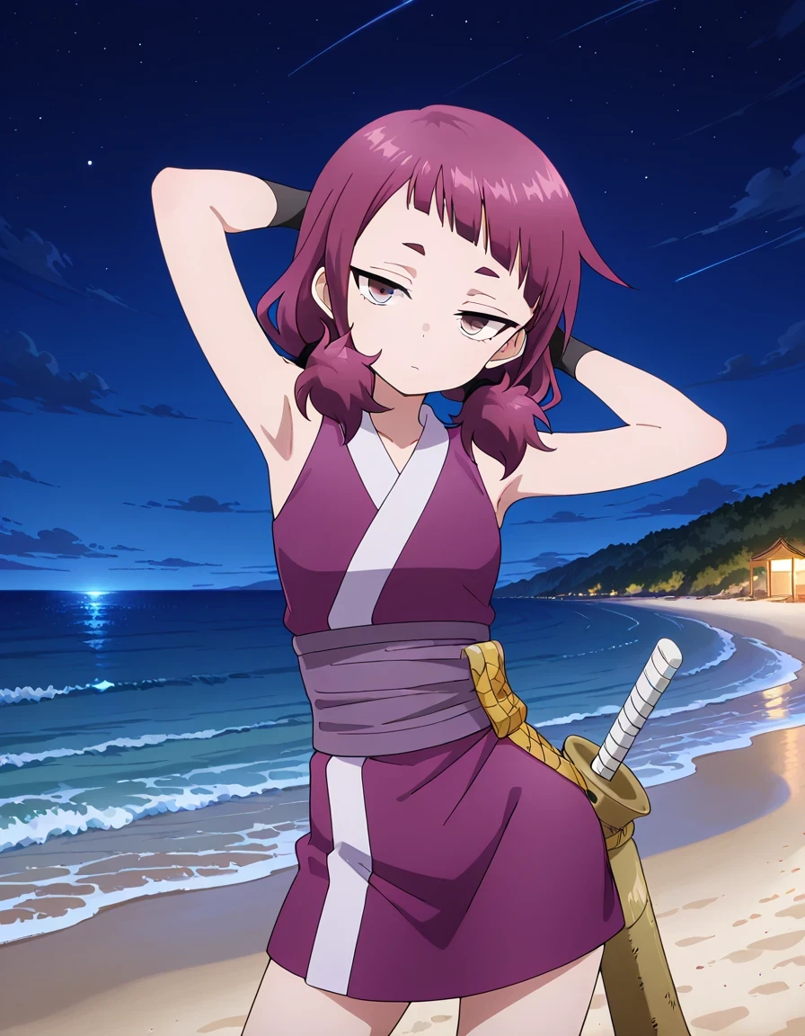 shakuyaku, sleeveless, japanese clothes, hightighs, fingerless gloves, high quality, solo, night sky, beach, hands behind head, ((contrapposto)), closed mouth, cowboy shot, looking at viewer, expressionless, best quality