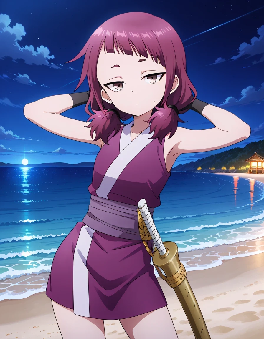 shakuyaku, sleeveless, japanese clothes, hightighs, fingerless gloves, high quality, solo, night sky, beach, hands behind head, ((contrapposto)), closed mouth, cowboy shot, looking at viewer, expressionless, best quality