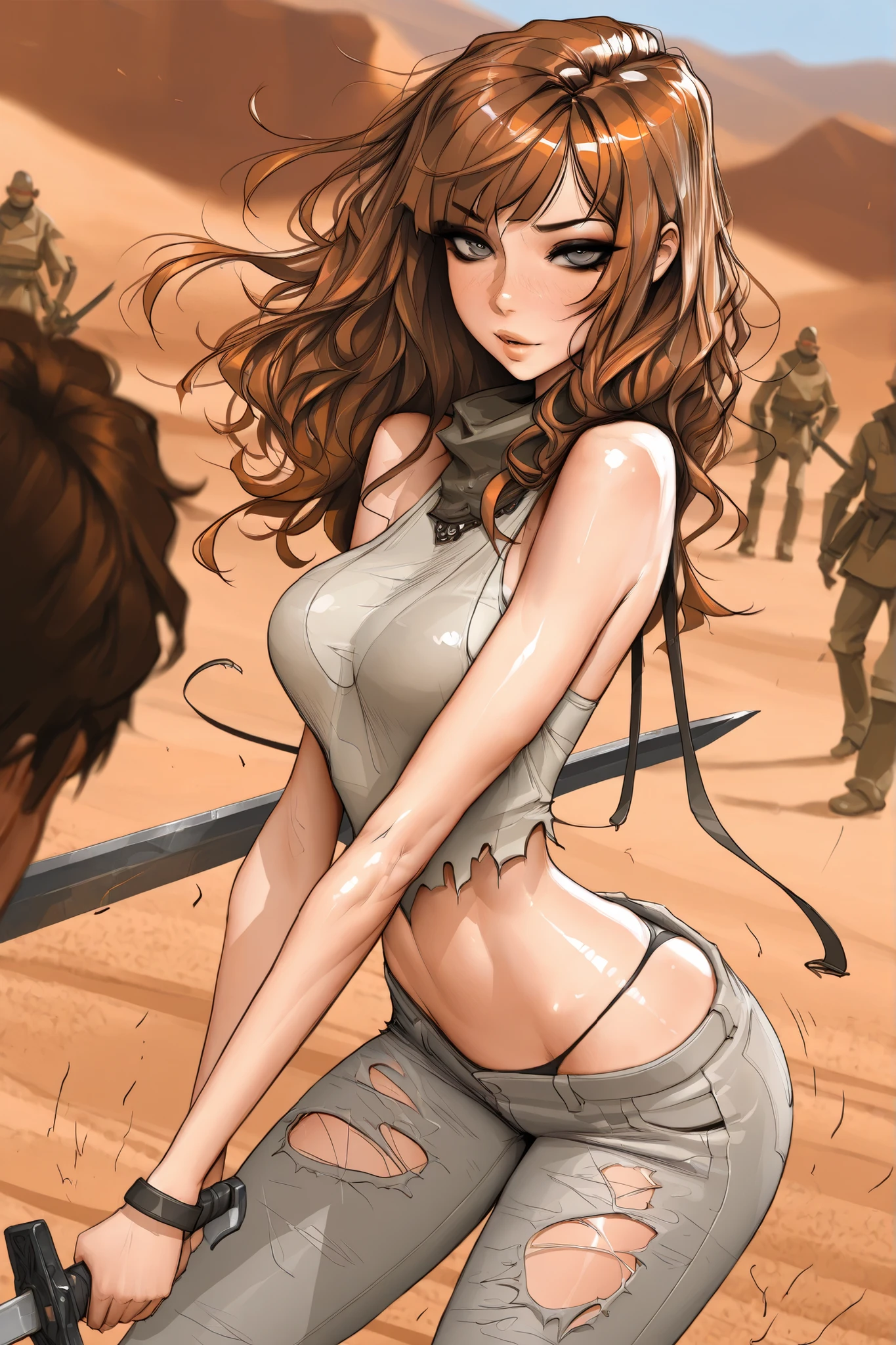 Michelle Trachtenberg, 20 year old woman,  1girl, skinny,  auburn brown hair, gray eyes, eyeliner,   , torn up baggy jeans, , sam yang, shirow masamune art style, masterpiece, best quality, very aesthetic, movie quality, depth of field, soft saturation, focused subject, ,official style, shiny skin, closeup, medium beasts, desert outfit, , (action scene, sword)