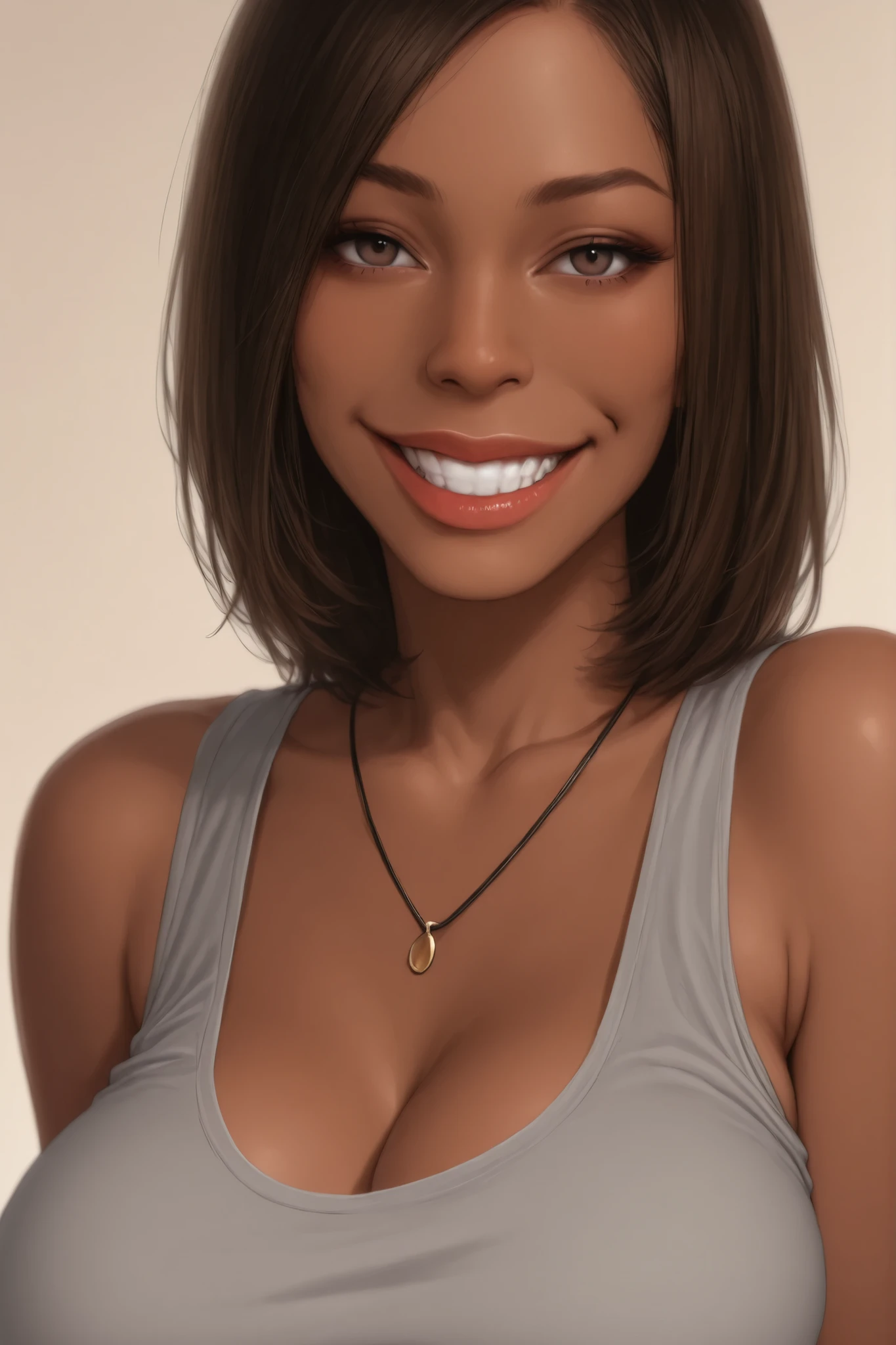 1girl, necklace, jewelry, solo, teeth, tank top, realistic, breasts, smile, dark skin, looking at viewer, lips, nose, grin, dark-skinned female, large breasts