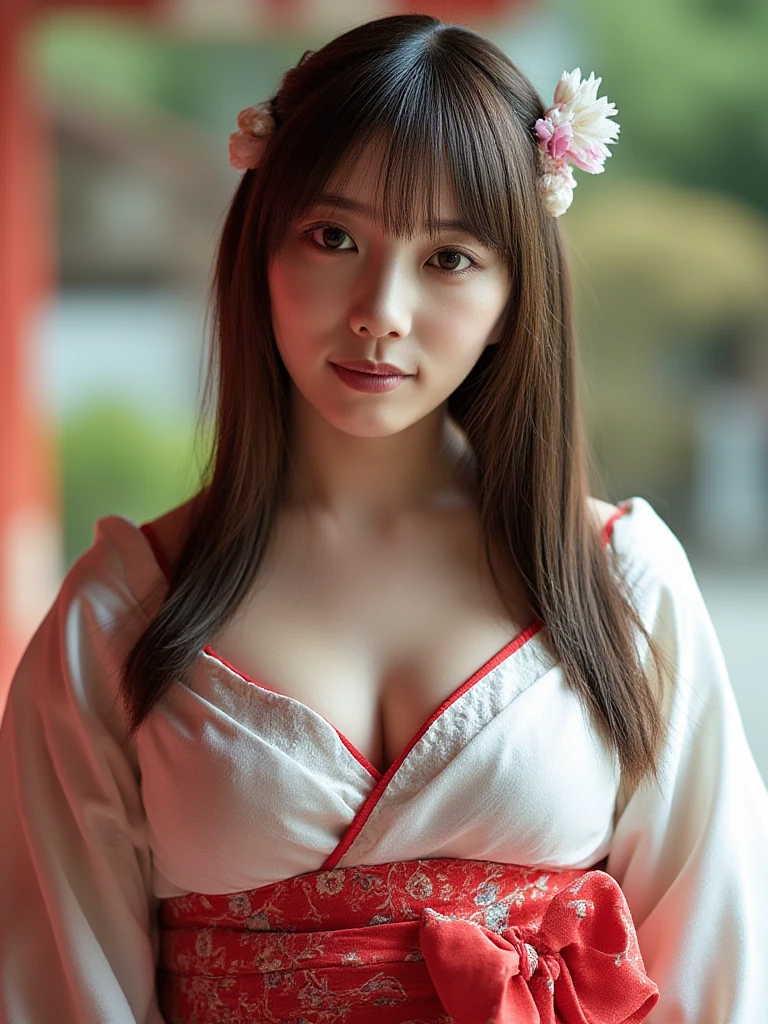 one girl, (a beauty girl, delicate girl:1.3), (24-years-old:1.3),
break, (Shrine maiden costume:1.3), Zoom in on face,
break, Very fine grain definition, (Symmetrical eyes:1.3),
break, (Inari Shrine:1.3), (torii:1.3),
break, Small , Brown eyes, Parted bangs, Brown Hair,  girl,
break, (Eye and facial details:1.0),
break, (masterpiece, highest quality, Super detailed, Detailed face, 8k)、seductive smile、cleavage、double bun、