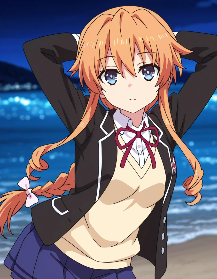 aayuzuru, blue eyes, orange hair, braided ponytail, drill hair, yuzuruschool, school uniform, red neck ribbon, white dress shirt, yellow sweater vest, black blazer, blue skirt, pleated skirt, anime coloring, high quality, solo, night sky, beach, hands behind head, ((contrapposto)), closed mouth, cowboy shot, looking at viewer, expressionless, best quality