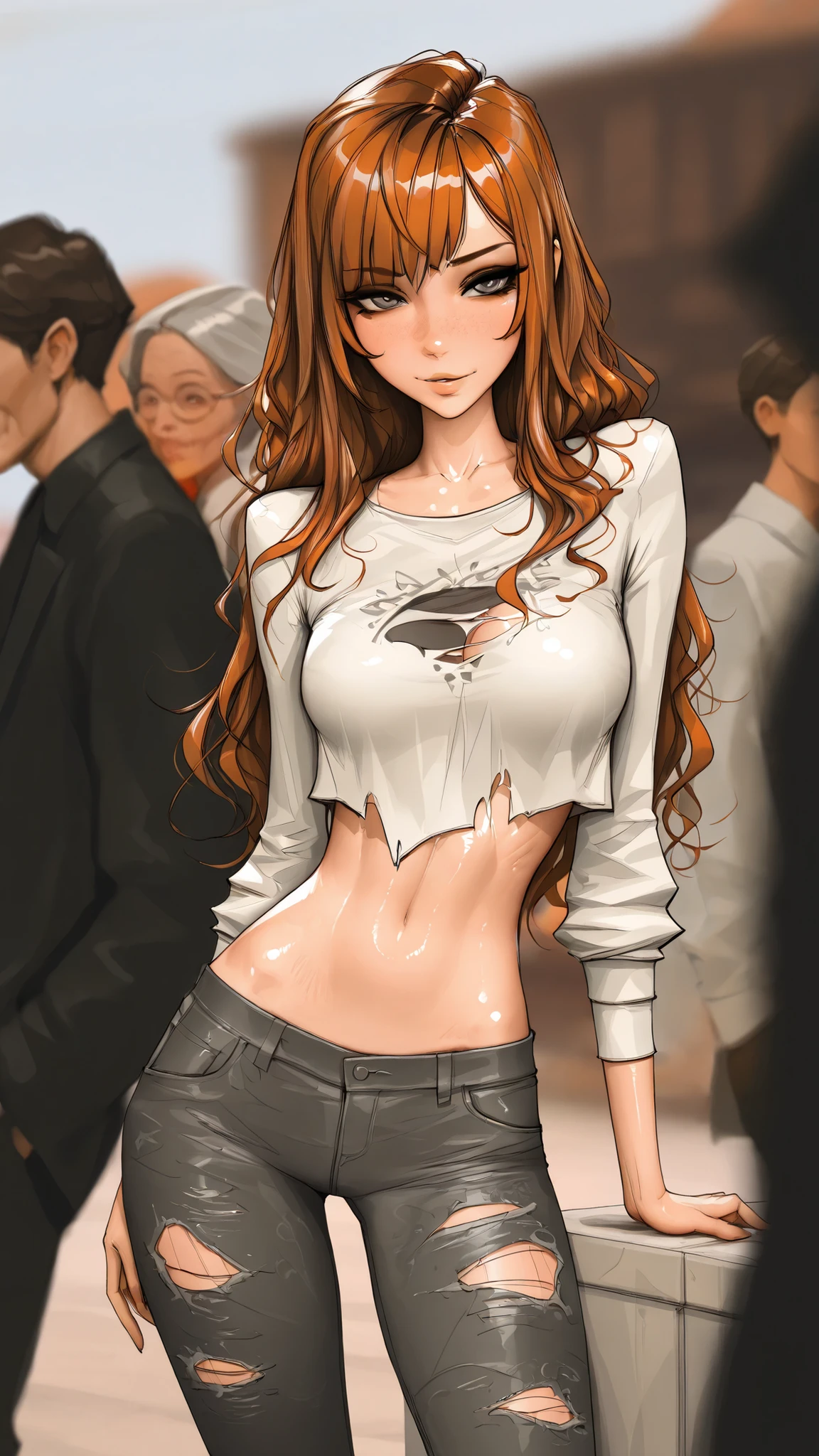 Michelle Trachtenberg, 20 year old woman,  1girl, skinny,  auburn brown hair, gray eyes, eyeliner,   , torn up baggy jeans, , sam yang, shirow masamune art style, masterpiece, best quality, very aesthetic, movie quality, depth of field, soft saturation, focused subject, ,official style, shiny skin, closeup, medium beasts, (cowgirl )