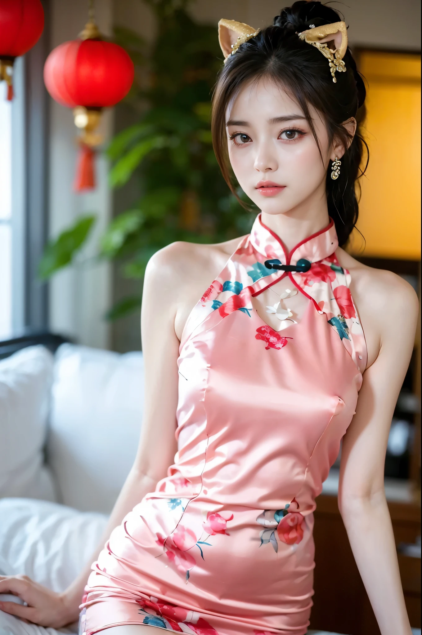best qualtiy, Hyper High Detail，Overlooking，Full body like，9year old girl，refined face，coiled hair，hair pin，hair pin，kawaii faces，Skin reflection，Red cheongsam，slimfigure，Shy，Smaller bust，cropped shoulders，Optimal body curve，High split end