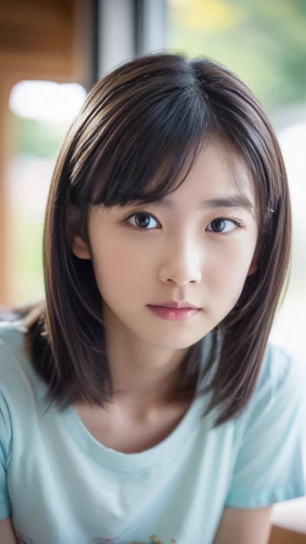 (highest quality, masterpiece), (beautiful 12 year old japanese girl), (freckles:0.6), soft light, ponytail, detailed eyes, brown eyed