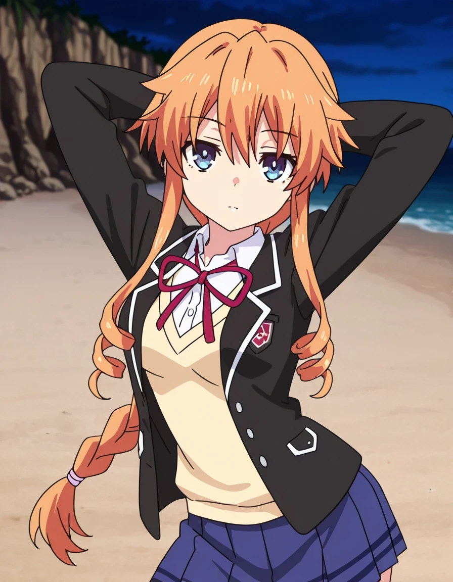 aayuzuru, blue eyes, orange hair, braided ponytail, drill hair, medium , yuzuruschool, school uniform, red neck ribbon, white dress shirt, yellow sweater vest, black blazer, blue skirt, pleated skirt, anime coloring, high quality, solo, night sky, beach, hands behind head, ((contrapposto)), closed mouth, cowboy shot, looking at viewer, expressionless, best quality