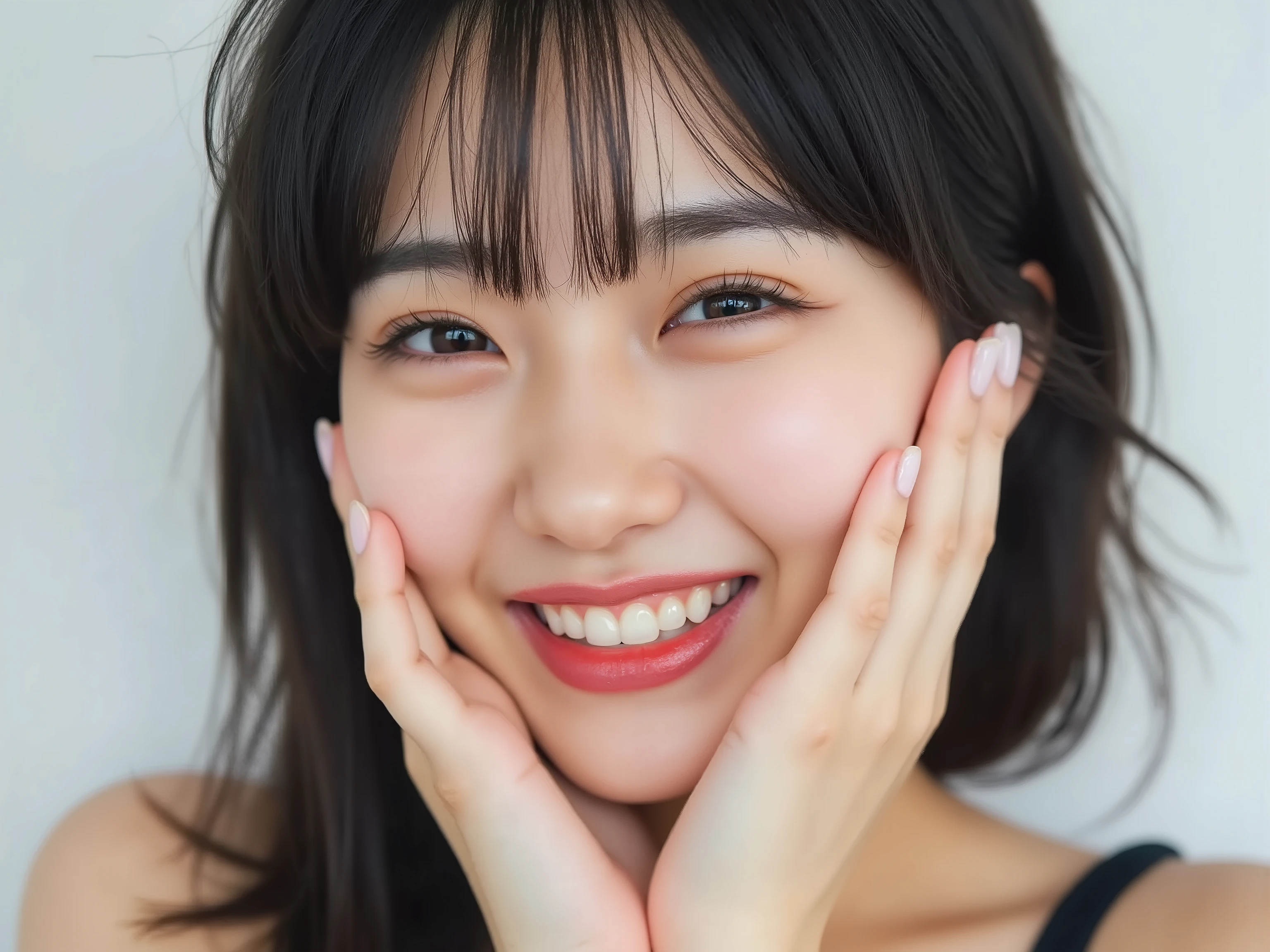 (Refined from an old photo, recreated in a modern, ultra high-quality photorealistic style, with a trendy Reiwa-era hairstyle: soft semi-long hair with natural waves and airy see-through bangs),
Ultra photorealistic close-up portrait of a beautiful Japanese woman,
upper-body shot, wearing a black outfit (completely out of frame, not visible),
shoulders and collarbone softly exposed,
both hands pressing her cheeks in a shy, lovestruck pose,
sparkling eyes gazing dreamily at the viewer with overwhelming affection,
cheeks blushing deeply with a sweet reddish glow,
soft glossy lips curved into a bright, full, lovestruck smile,
expression melting with love, playful, dreamy, adorably bashful,
purely cute and lovestruck, overflowing with affection and warmth,
realistic skin with detailed pores, subtle freckles, natural uneven tones,
tiny imperfections for realism, soft peach fuzz visible,
hair rendered with individual strands, slightly messy flow, natural matte shine,
soft diffused cinematic lighting, natural depth,
background pure white with gentle blur,
(masterpiece, best quality, high resolution, intimate romantic close-up, cinematic magazine cover style)