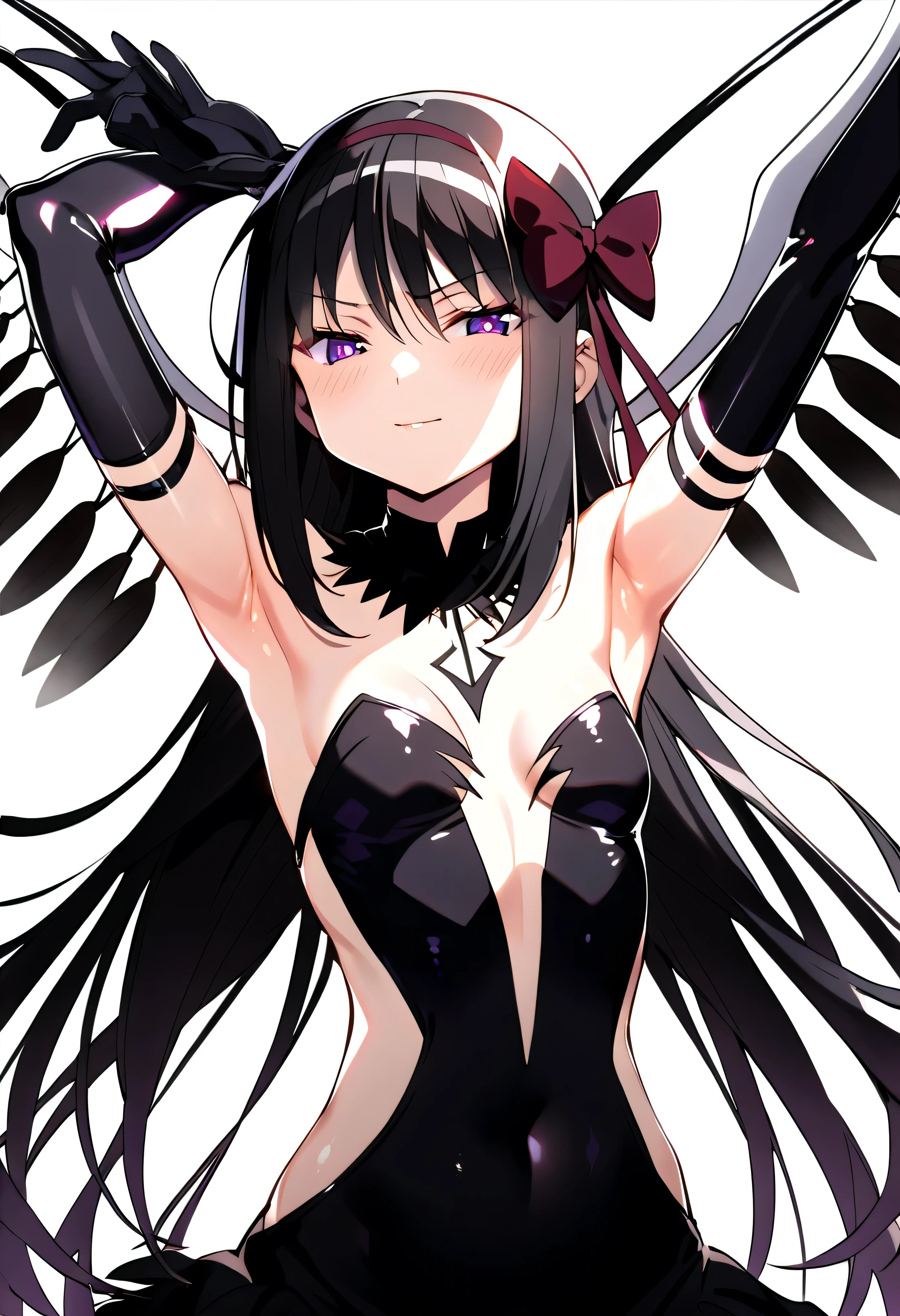 1girl, akuma homura, pov, bare shoulders, black gloves, (shiny skin:1.5),black hair, black wings, small breasts, , bow, dress, elbow gloves, feathered wings, hair bow, hair ribbon, long hair, purple eyes, glowing eyes, evil smirk:1.5, ribbon, wings, , masterpiece, best quality, late, homura akuma,solo,(),spread armpit, Arm Up, armpit, lay hand on own armpit,(shiny skin:1.5)