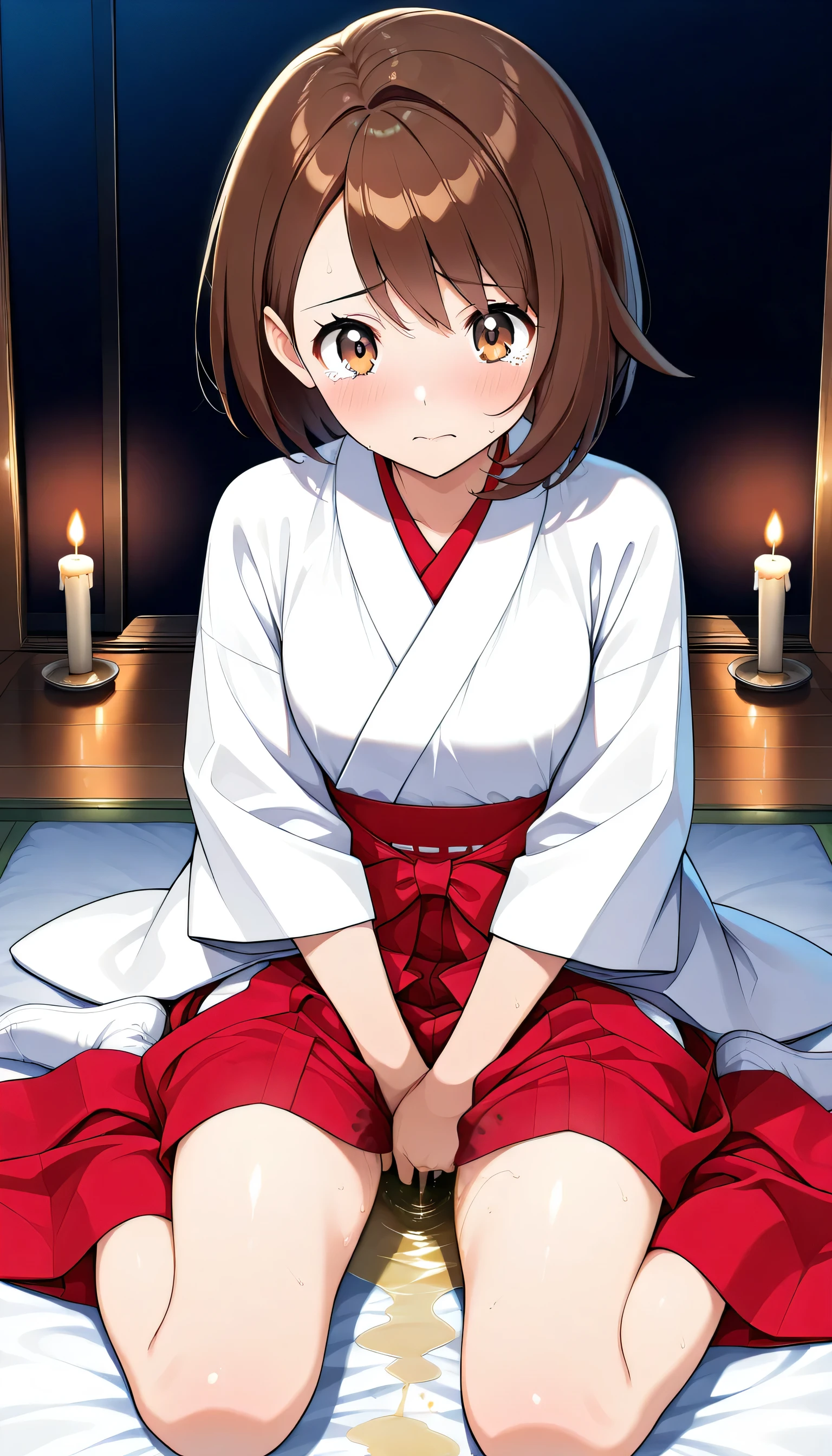 zzGloria, brown hair, brown eyes, very detailedな目と顔, perfect face, perfect hand, perfect legs, perfect fingertips, (Highest Quality, very detailed, CG illustration , masterpiece, best aesthetics),
japanese clothes, miko, red hakama, hakama skirt, white kimono,
cry,,dark room、night、Darkness、Darkness、Japanese-style room、Candle、、 socks、Can't move、、white panties、 indoor confinement:1.5)、
wariza, hand between legs,
wetting herself, ((Peeing)),
full body,sad、