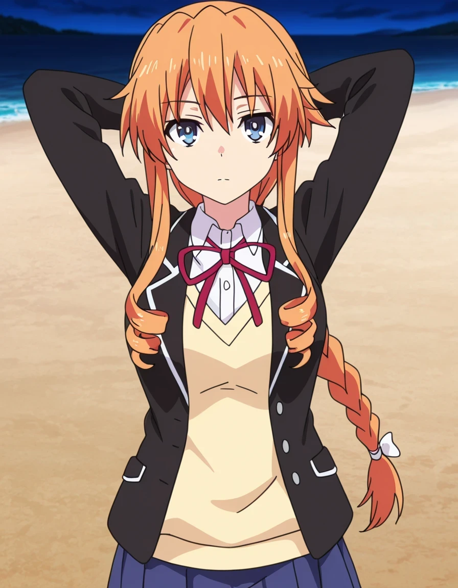 aayuzuru, blue eyes, orange hair, braided ponytail, drill hair, medium , yuzuruschool, school uniform, red neck ribbon, white dress shirt, yellow sweater vest, black blazer, blue skirt, pleated skirt, anime coloring, high quality, solo, night sky, beach, arms behind head, ((contrapposto)), closed mouth, medium shot, center in frame, looking at viewer, expressionless, best quality
