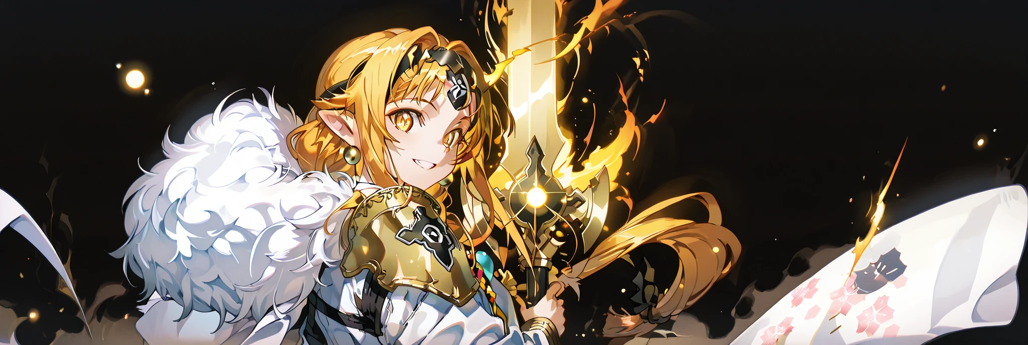 A short, solitary male character, a young teenager, about 1.5 meters tall. He stands alone against a deep black background, making him stand out vividly. His physique, face, and height are exactly like Lloyd de Saloum.

He has long blond hair, styled exactly like Alice Zuberg's from Sword Art Online, with a braid tied in the middle with a black ribbon before flowing freely. A black headband, identical to Alice Zuberg's, rests on his head. His golden eyes shine brightly. His expression is provocative and confident, marked by a bold, mocking smile. He has pointy ears and a golden monkey tail.

Outfit:
He wears an ornate white Chinese robe. Draped over his right shoulder is a flowing golden fur cloak (like Sesshoumaru’s), soft and radiant like a divine cloud, falling almost to the ground along his back. The cloak is fastened with gold medals and chains that cross to his left shoulder. He has a golden pauldron on his left shoulder with the design of an oni face.

Weapon:
In his right hand, he firmly grips a gigantic Japanese greatsword with a golden blade and black details on the blade with three black rings attached to the blade. The guard and hilt of the greatsword are black and there is dark energy emanating from the blade.

In his left hand, he holds a ball of golden energy with glowing dots, radiating power. In his left hand, he holds a ball of golden energy with glowing dots, radiating power.

Pose and Atmosphere:
He assumes a bold, dynamic battle stance, facing the viewer directly with a playful yet arrogant look. His left hand conjures a golden sphere of energy streaked with glowing red sparks, radiating raw power.

Atmosphere and Style:
Male character, youthful energy.
Ultra-detailed, sharp, clean anime style. Deep black background with cinematic lighting accentuating his short stature and powerful aura. Golden jeweled earrings glimmer in the light.

The character is a boy. The character is male. The character is male.