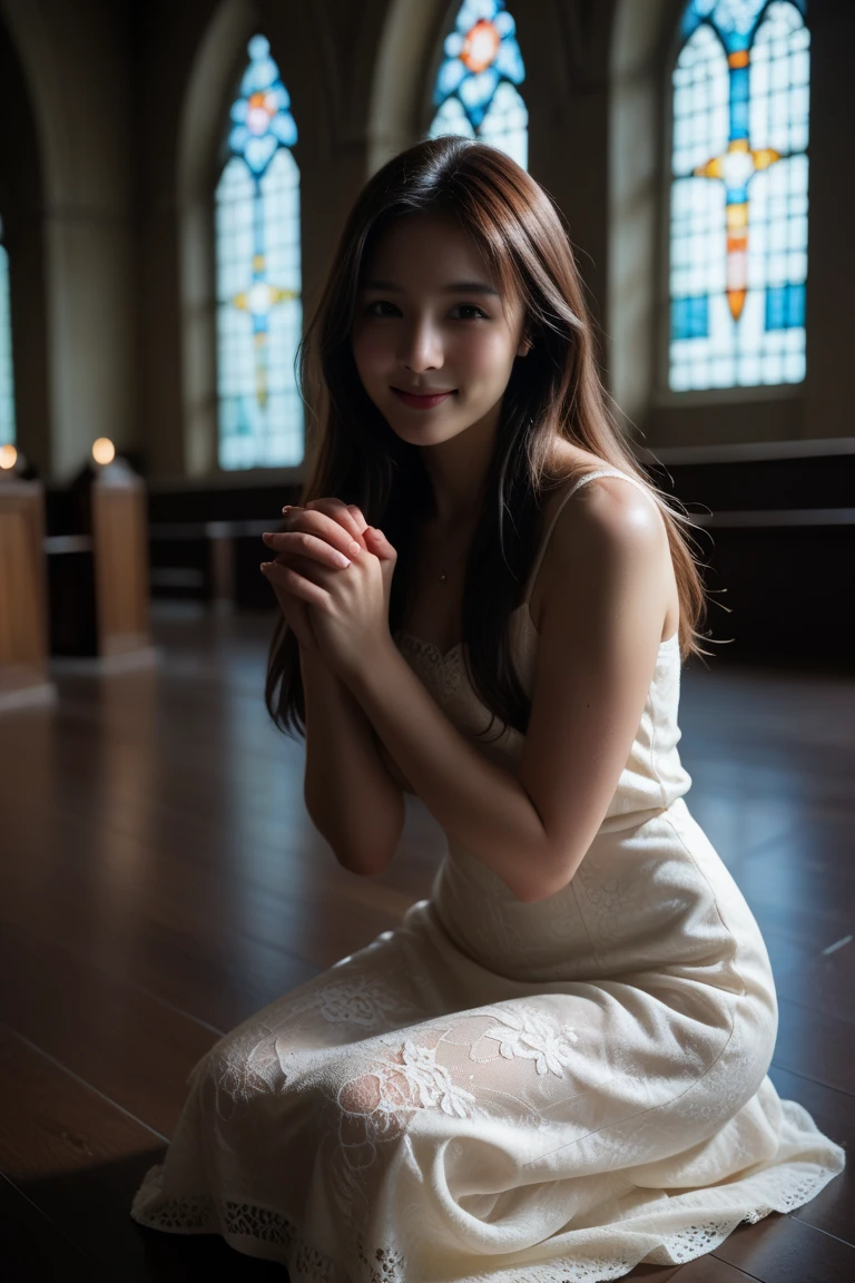 A beautiful young woman with fair, porcelain-like skin, flawless texture, kneeling gracefully on a glossy marble floor inside a majestic cathedral. She is facing the camera directly, her entire face clearly visible, making gentle eye contact. She wears a flowing, strapless, dress. The space is flooded with divine, glowing white light from large stained glass windows. The atmosphere is ethereal, ultra-bright, heavenly and peaceful, with no shadows and soft focus. A pure, angelic scene.
--style: ultra bright, fair skin, glowing skin, divine light, cinematic, ethereal, soft glow, hyper realistic, full face, eye contact
--neg: tan skin, shadows, dark tones, looking away, back turned, hidden face, gloomy mood, dull lighting, cold hues, distortion