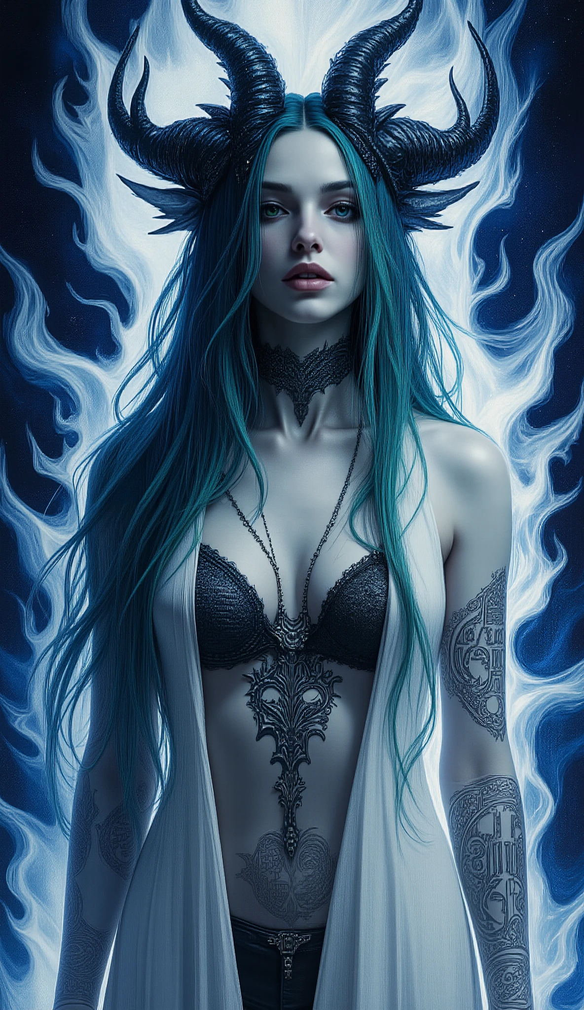 I want to create a tableau dedicated to portraying Lilith, queen of demons, first wife of Adam, first succubus. masterpiece. best quality. Full body shot, Aesthetic pose, artistic background abstract, infernal. Hellscspe in vivid indigo and white colors, perfect anatomy, skin as pale as milk, blue green hair and radiant malevolent eyes,beautiful cinematic impressionistic painting, dark dramatic character, tattoos of demonic script all over body, sinister beauty, shapely tall figure, curvy lush body, young looking 20 year old demon queen dark circles under eyes, surrounded by white flames that protect her,vein the style of jeremy mann and charles dana gibson, mark demsteader, paul hedleyw