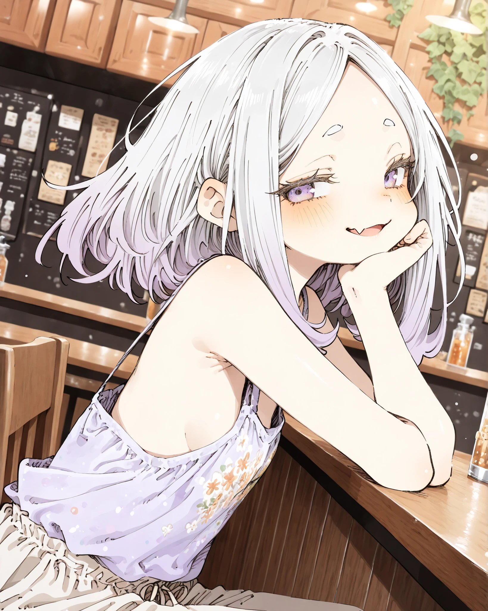 ((Abara Heiki style)), ((Masterpiece)), ((best quality, amazing quality)), ((very aesthetic, absurdres, newest)), ((detailed background, negative space, blurry background, depth of field)), (dynamic angle, from side, wide shot), ((1girl)), Cute young Girl, (Healthy Gaunt body, Textured skin, small , tilt head), (long parted bangs, cute forehead, long sidelooks),Glossy hair, (medium hair, platinum-gold hair, unruly hair, gradient hair), (smug, blush), skin fang, open mouth, (pale purple eyes, glitter eyes, gradient eyes, averting eyes, looking at side), big eyes, (Thin and short eyebrows), glossy lips, pouty lips, (lower eyelashes), BREAK, (wearing Floral tanktop, ivy Embroidery, sideboob), arms, Beautiful neckline, harf pants, (head rest), (loose sitting on the bar chair, against the bar counter), indoors, Inside the bar, indirect illumination,