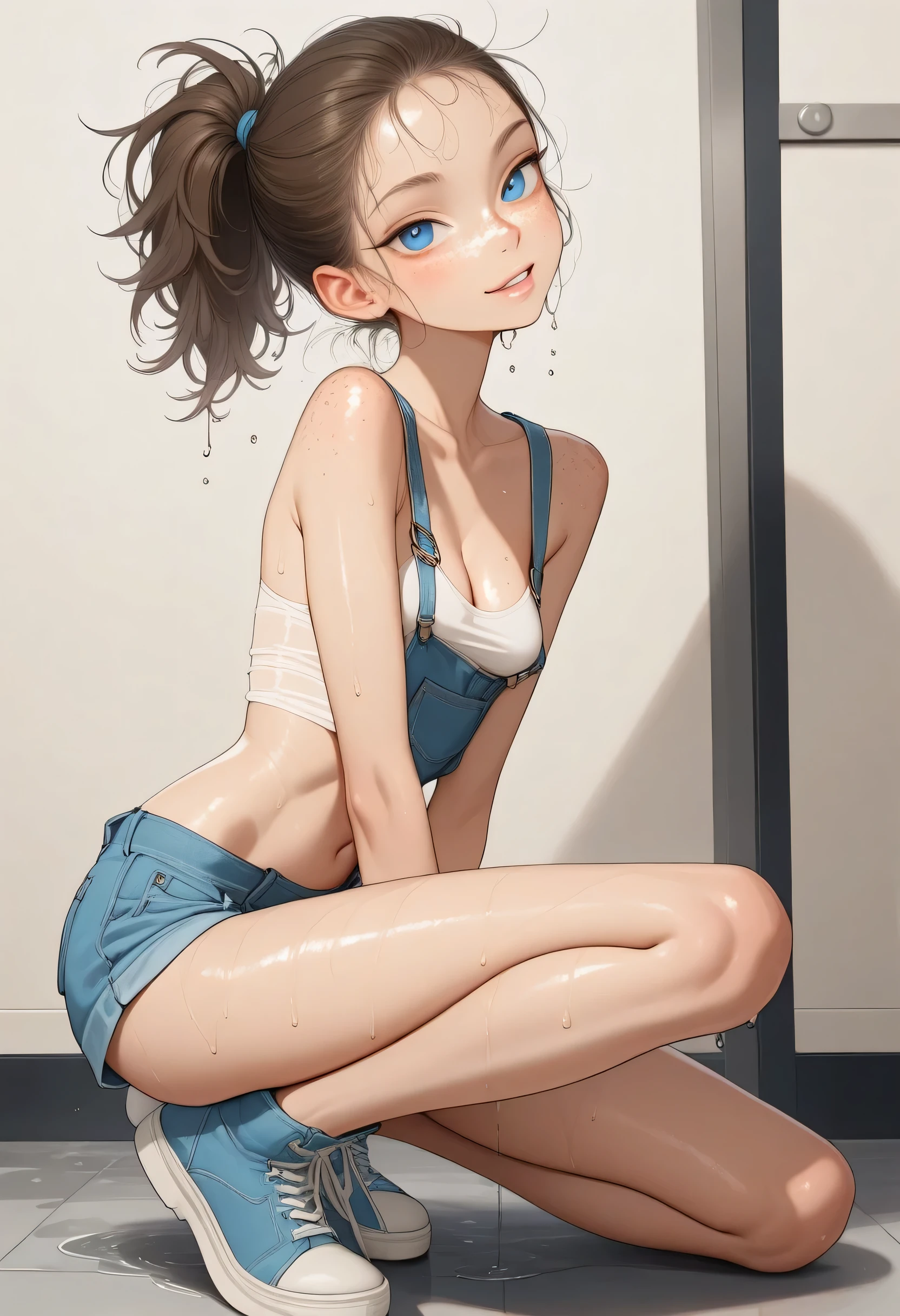 1 girl, teen, 18 years old, youthful, skinny, tall, brunette, messy ponytail, vivid blue eyes, small breasts, small waist, small ass, with freckles, with dental braces, young looking, cute face, hot body, most beautiful girl ever, full body wide picture, looking deeply at the viewer with a look of innocence yet seductive expression, photo taken in jail, dressed with small shorts revealing most of her legs and almost a bit of her lower ass cheeks, dressed with a small white tank top revealing almost all her belly, with a cleavage highlighting the small but attractive breasts, overall clothing highlights even further her attractiveness., wet