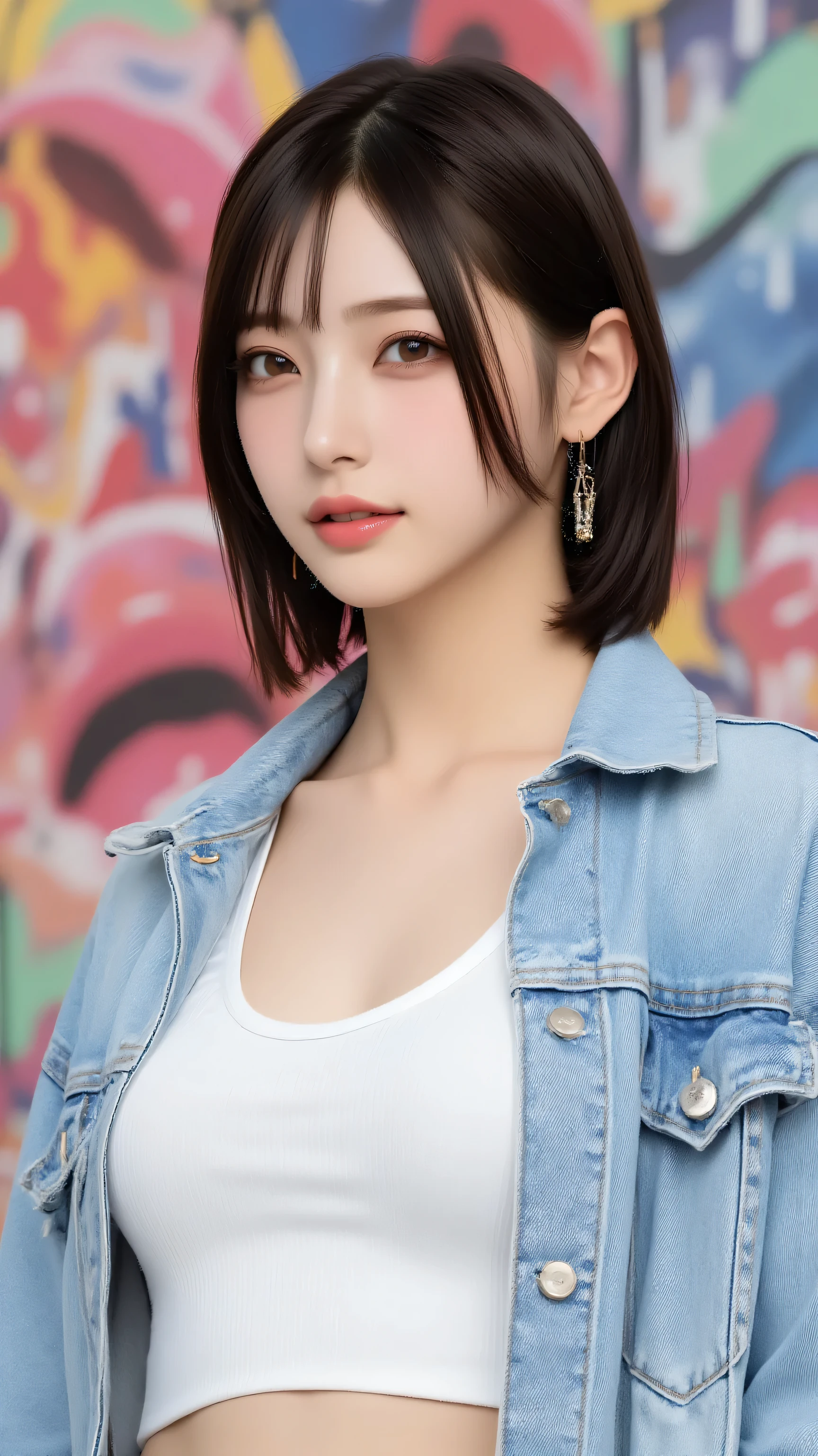 A Korean woman with dewy skin, dressed in a light blue denim jacket and white crop top, standing in front of a vibrant mural wall in Hongdae’s art district.