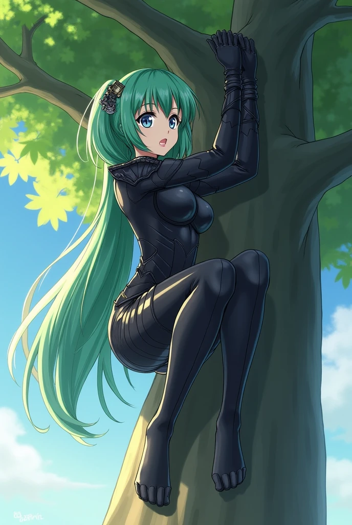 An anime character hanging on a tree branch，Japanese anime style, green hair，armour，Hanging from the waist，Long hair，Sideways，Dark Skin，watered eyes，blue colored eyes，Body falling down，Armor，tightsuit，Full body costume with black as the main color