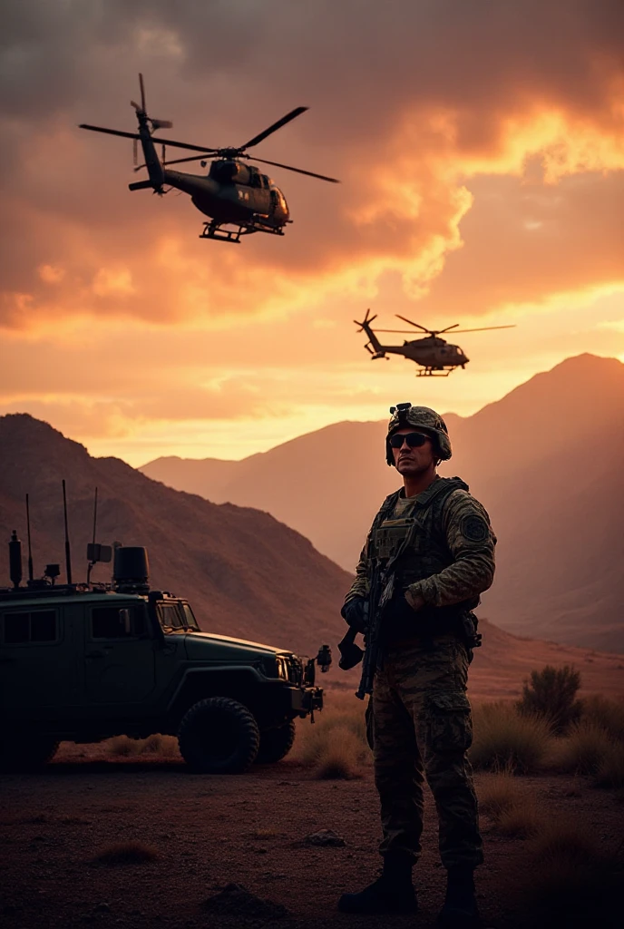 Soldier in a war scene with planes and helicopters passing behind with smoke and fire, 8k, uhd, severe low lighting, high quality, sharp focus, fujifilm XT3 --auto --s2