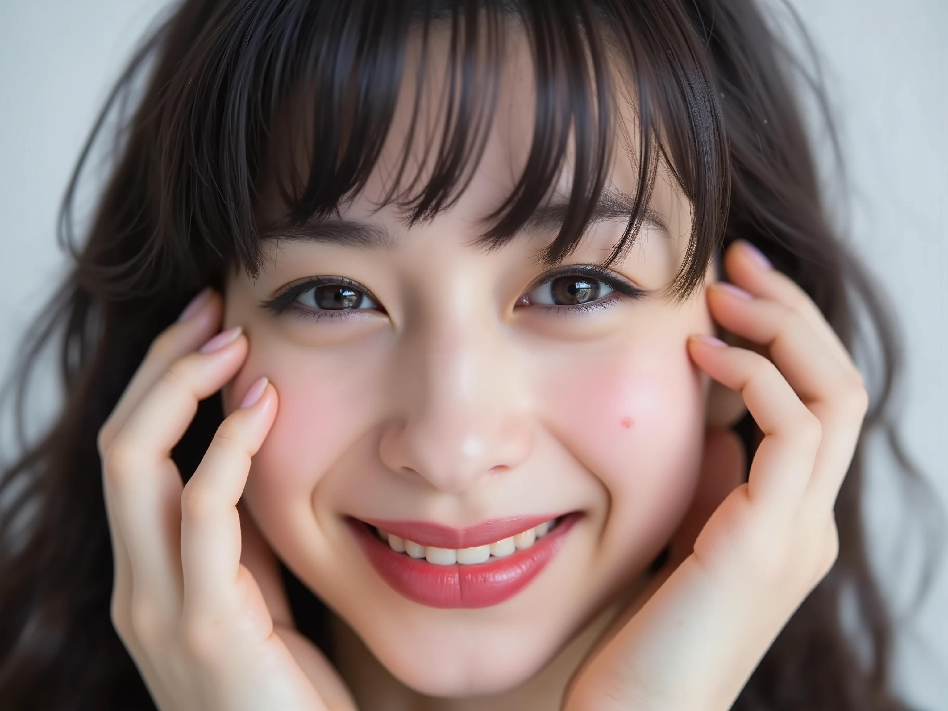 (Refined from an old photo, recreated in a modern, ultra high-quality photorealistic style, with a trendy Reiwa-era hairstyle: soft semi-long hair with natural waves and airy see-through bangs), 
Ultra photorealistic close-up portrait of a beautiful Japanese woman, 
upper-body shot, wearing a black outfit (completely out of frame, not visible), 
shoulders and collarbone softly exposed, 
both hands pressing her cheeks in a shy, lovestruck pose, 
sparkling eyes gazing dreamily at the viewer with overwhelming affection, 
cheeks blushing deeply with a sweet reddish glow, 
soft glossy lips curved into a bright, full, lovestruck smile, 
expression melting with love, playful, dreamy, adorably bashful, 
purely cute and lovestruck, overflowing with affection and warmth, 
realistic skin with detailed pores, subtle freckles, natural uneven tones, 
tiny imperfections for realism, soft peach fuzz visible, 
hair rendered with individual strands, slightly messy flow, natural matte shine, 
soft diffused cinematic lighting, natural depth, 
background pure white with gentle blur, 
(masterpiece, best quality, high resolution, intimate romantic close-up, cinematic magazine cover style)