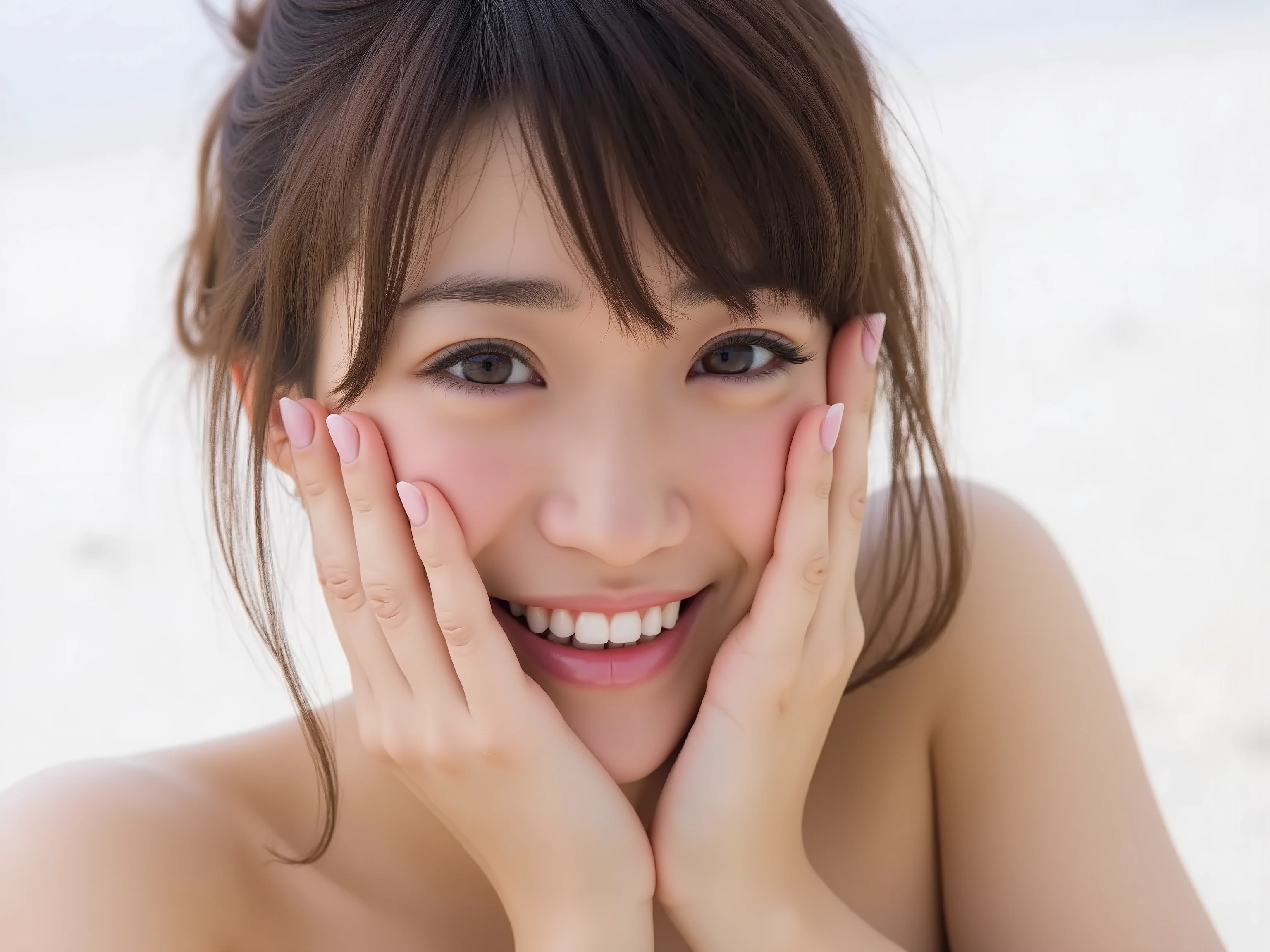 (Refined from an old photo, recreated in a modern, ultra high-quality photorealistic style, with a trendy Reiwa-era hairstyle: soft semi-long hair with natural waves and airy see-through bangs),
Ultra photorealistic close-up portrait of a beautiful Japanese woman,
upper-body shot, wearing a black outfit (completely out of frame, not visible),
shoulders and collarbone softly exposed,
both hands pressing her cheeks in a shy, lovestruck pose,
sparkling eyes gazing dreamily at the viewer with overwhelming affection,
cheeks blushing deeply with a sweet reddish glow,
soft glossy lips curved into a bright, full, lovestruck smile,
expression melting with love, playful, dreamy, adorably bashful,
purely cute and lovestruck, overflowing with affection and warmth,
realistic skin with detailed pores, subtle freckles, natural uneven tones,
tiny imperfections for realism, soft peach fuzz visible,
hair rendered with individual strands, slightly messy flow, natural matte shine,
soft diffused cinematic lighting, natural depth,
background pure white with gentle blur,
(masterpiece, best quality, high resolution, intimate romantic close-up, cinematic magazine cover style)