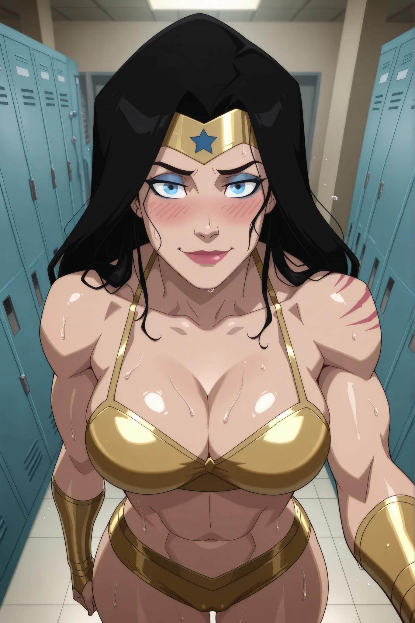 BREAK, score_6_up, score_7_up, score_8_up, score_9, 1girl, solo, long hair, blue eyes, black hair, bare shoulders, blue eyes, muscular female, midriff, bare shoulders, lipstick, makeup, wwBl00d, very large breasts, busty, cleavage, curvy, athletic, looking at viewer, seducing viewer, teasing viewer, seductive expression, smiling, closed mouth, bedroom eyes, gold bikini top, gold workout shorts, gold hand wraps, indoors, locker room, standing, closeup, portrait, upper body, high-angle view, blushing, blue eyeshadow, black mascara, sweaty, sweat drops, wet skin, shiny skin, cameltoe, thick thighs, wide hips, hand on waist 