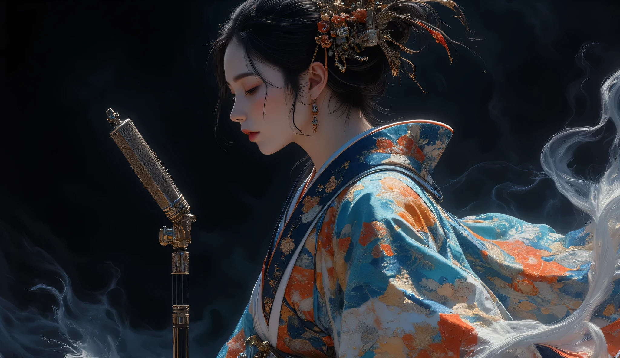 ,A woman singing into a microphone. Kimono, Japan,Perfect Anatomy, dynamic pose, 1girl, Studio Ghibli Dark Fairy Tale