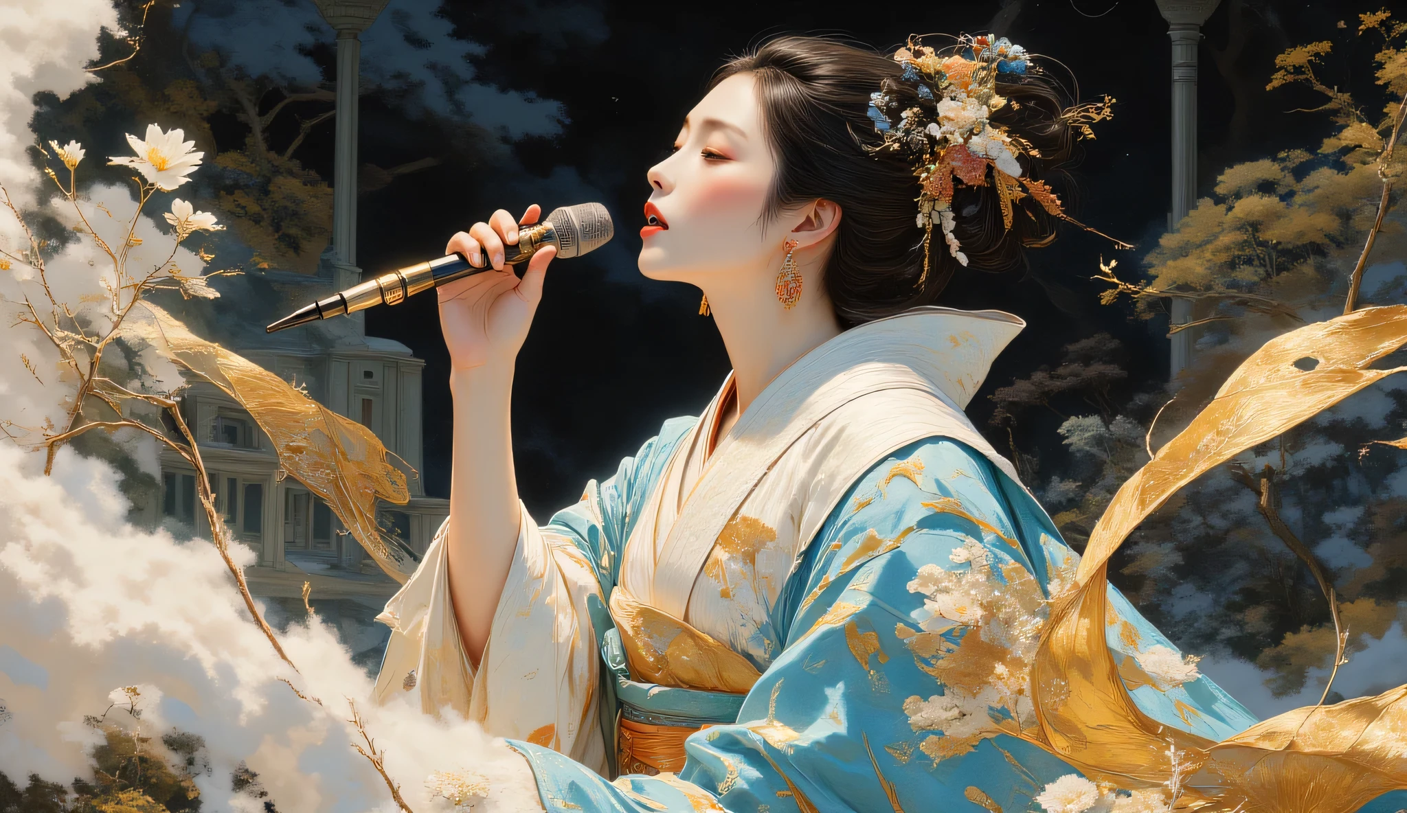 A woman singing into a microphone., Kimono, Japan,Perfect Anatomy, dynamic pose, 1girl, 